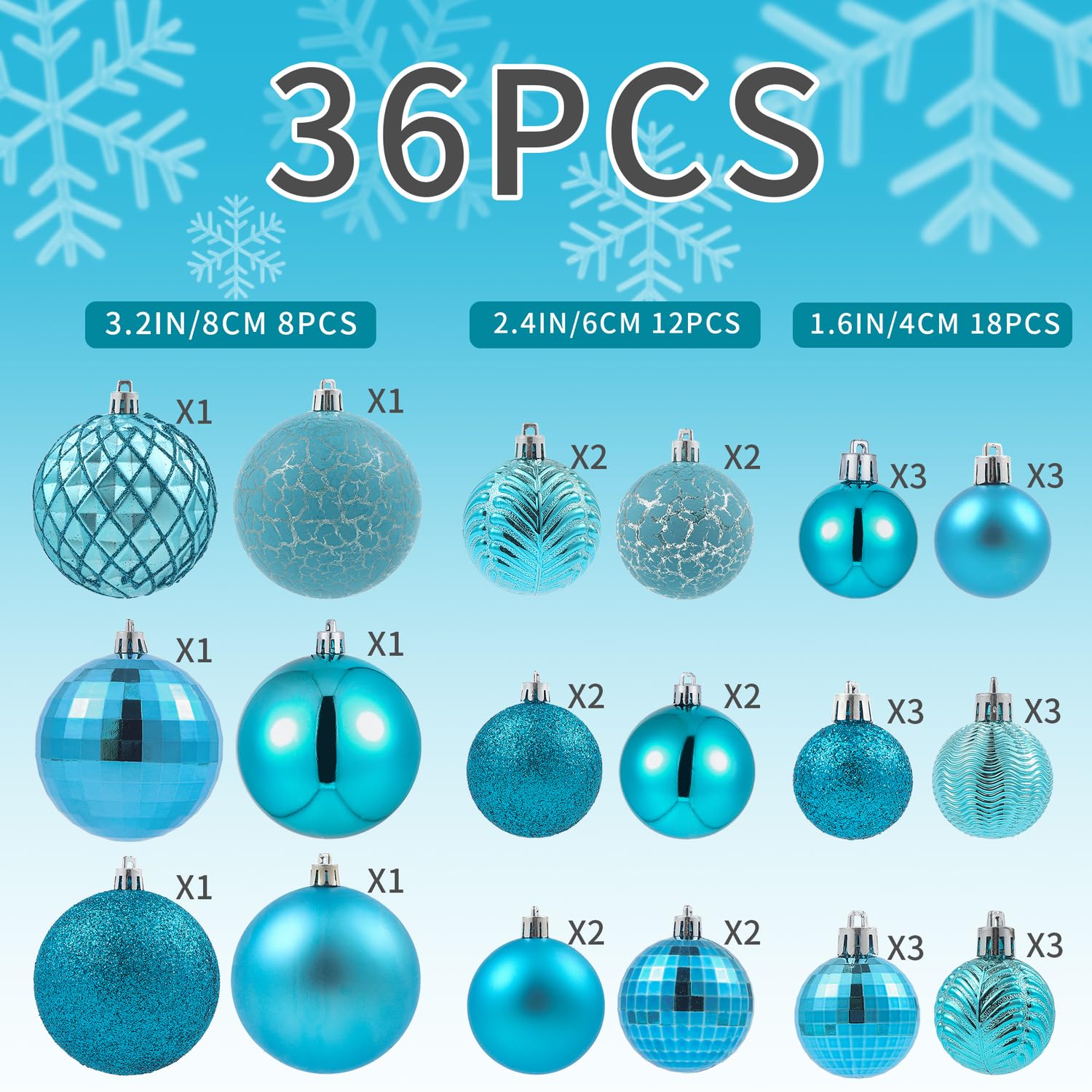 LANGXUN 36pcs Acido Blu Decorazioni Albero di Natale Palline, Bolas De Navidad, 2024 Decorazione di Natale, Indoor Outdoor Infrangibile Ornamenti di Natale, Xmars Party Wedding Suppiles
