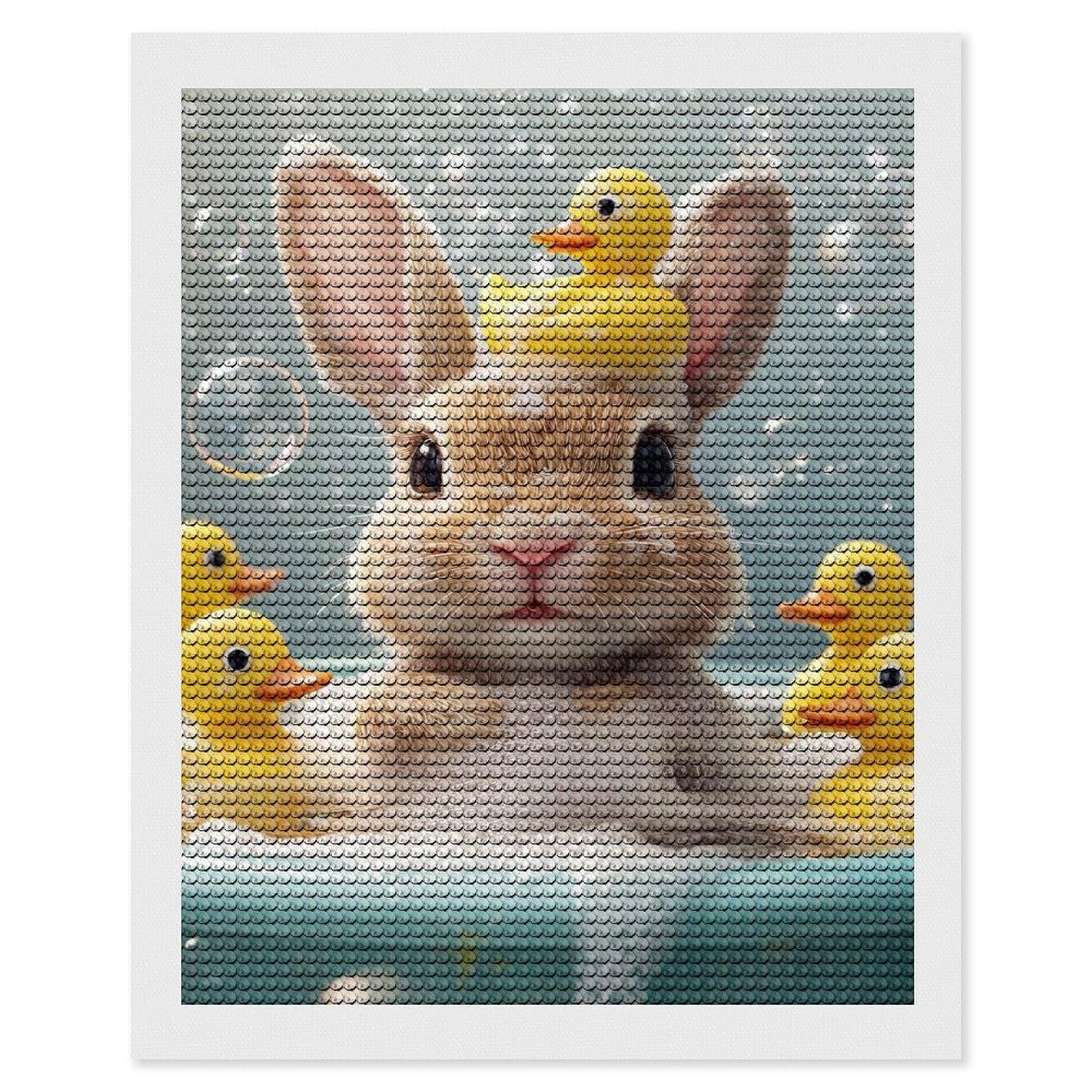Junmoney Bunny with Rubber Ducks in Bath Diamond Art Kit 16"x20", for Beginners, Vintage Style Decor, Good for Quiet Evenings, Festive Craft Gift
