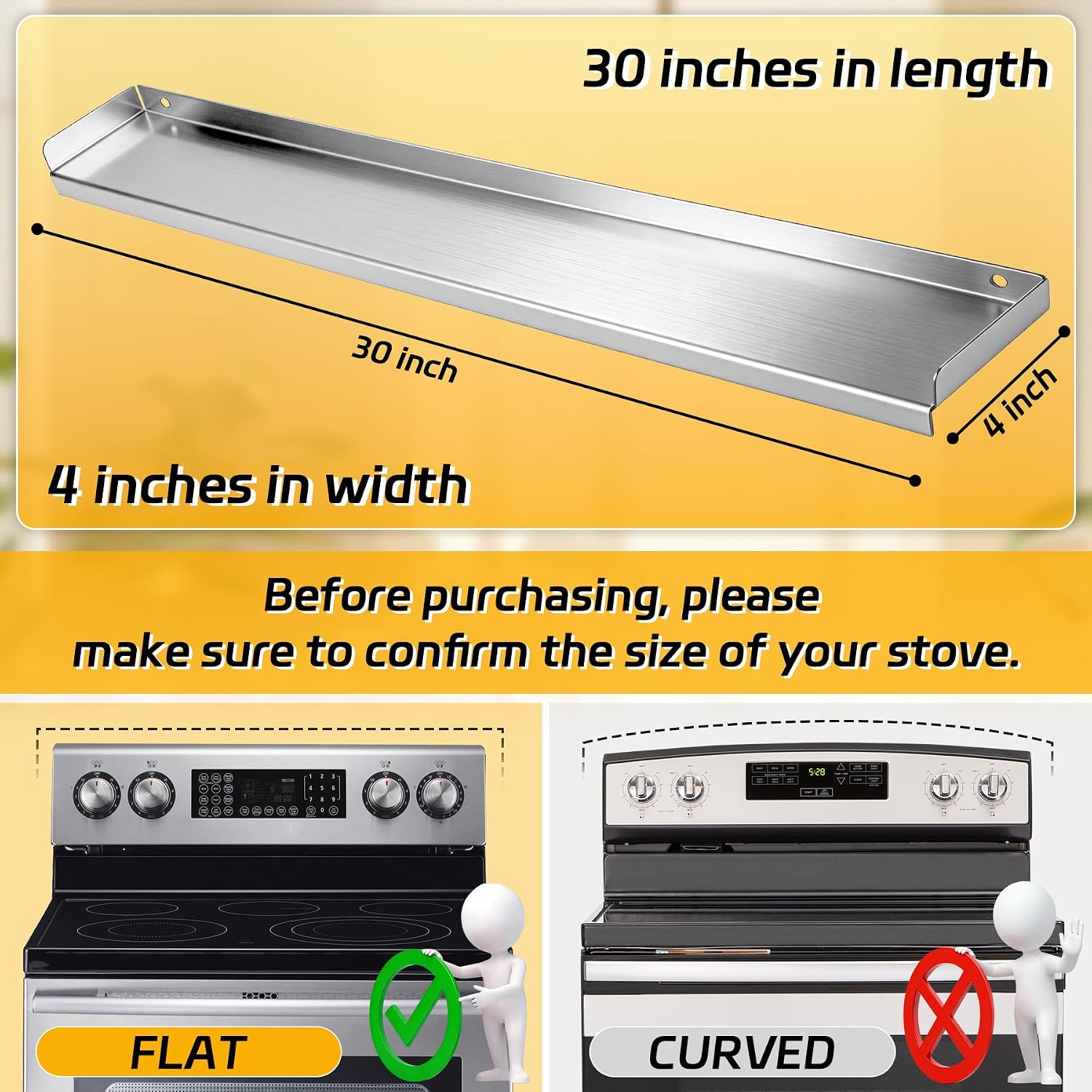 30" Stainless Steel Stove Top Shelf - Dual Mount (Screw & Adhesive) - No Slide/No Spill, Side Guards, Spice Rack & Over The Stove Organizer, StoveShelf (Stay Secure)