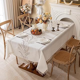 Joyfol Day Rustic Waterproof Linen Tablecloth, Heavy Weight Fern Embroid...