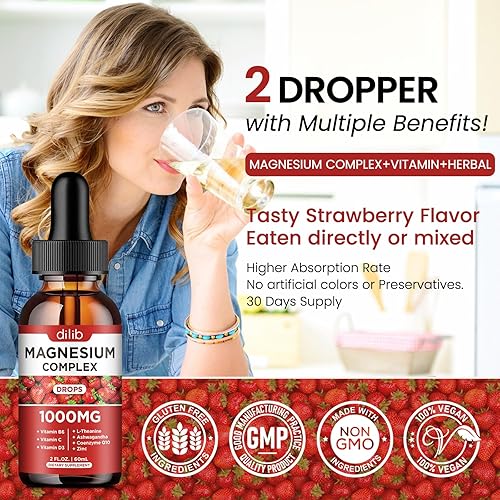 Miniatura 5 de Suplemento triple de complejo de magnesio, glicinato de magnesio, mezcla, gotas líquidas de citrato de 1000 mg con Ashwagandha, CoQ10, vitamina B6,