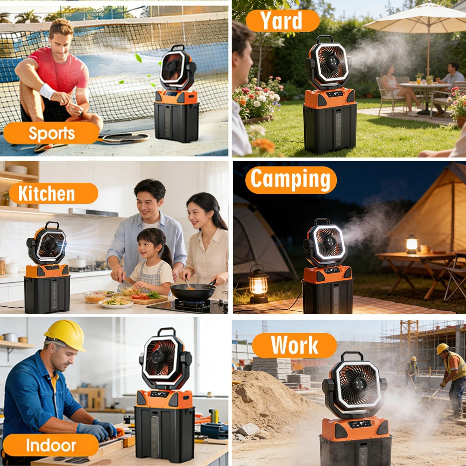 Akku Camping Ventilator mit 6L Tank, LED Licht und Fernbedienung | 6L Wassertank, 20000mAh Akku, LED-Licht, Fernbedienung, mehrere Windstufen, Nebelmodus, Haken und Solarladung.
