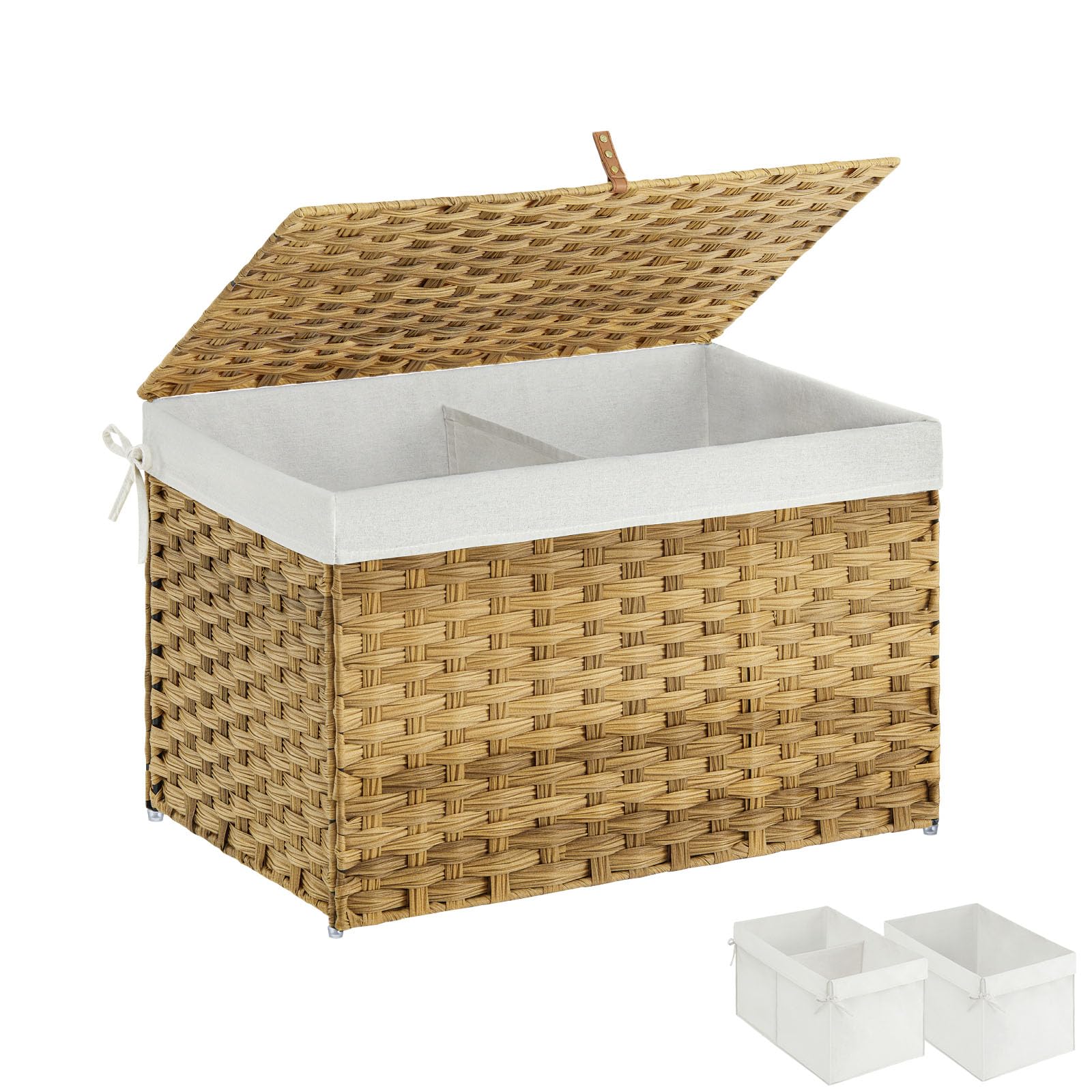 SIMILARBPRODUCT. no divider  -solid basket Greenstell Storage Basket with Lid, 65L Small Wicker Basket with Lid, Handwoven Blanket Storage Basket with Handles, Removable Cotton Liner, Metal Frame, Foldable for Bedroom, Laundry Room, Natural