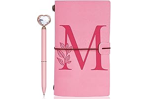 Personalized Journal Gift, Pink Initial Leather Journal and Heart Diamond Pen Set,...