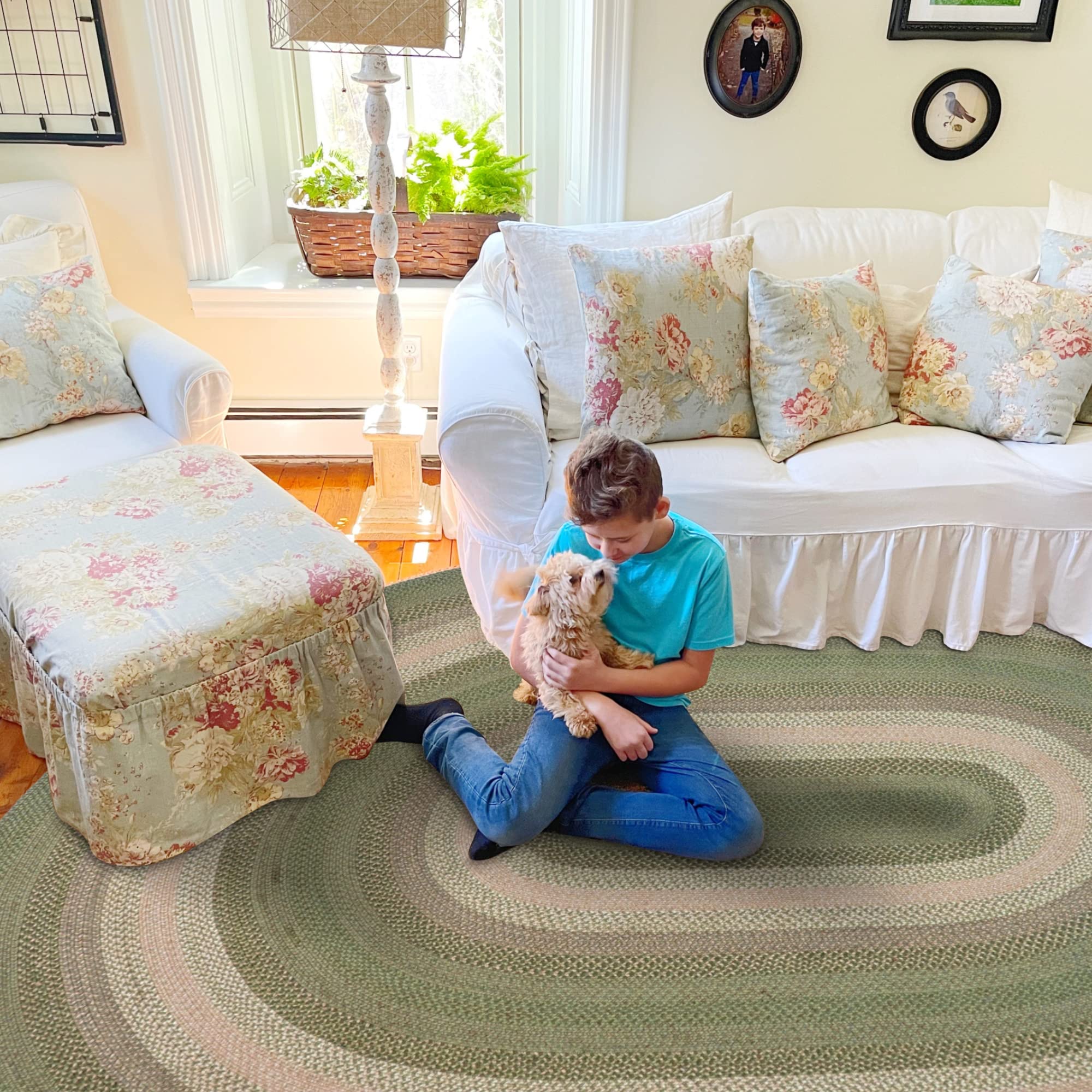 Homespice Grassland Oval Braided Rug 5x8' - Rustic Jute Braided Sage Green Rugs for Bedroom and Living Room