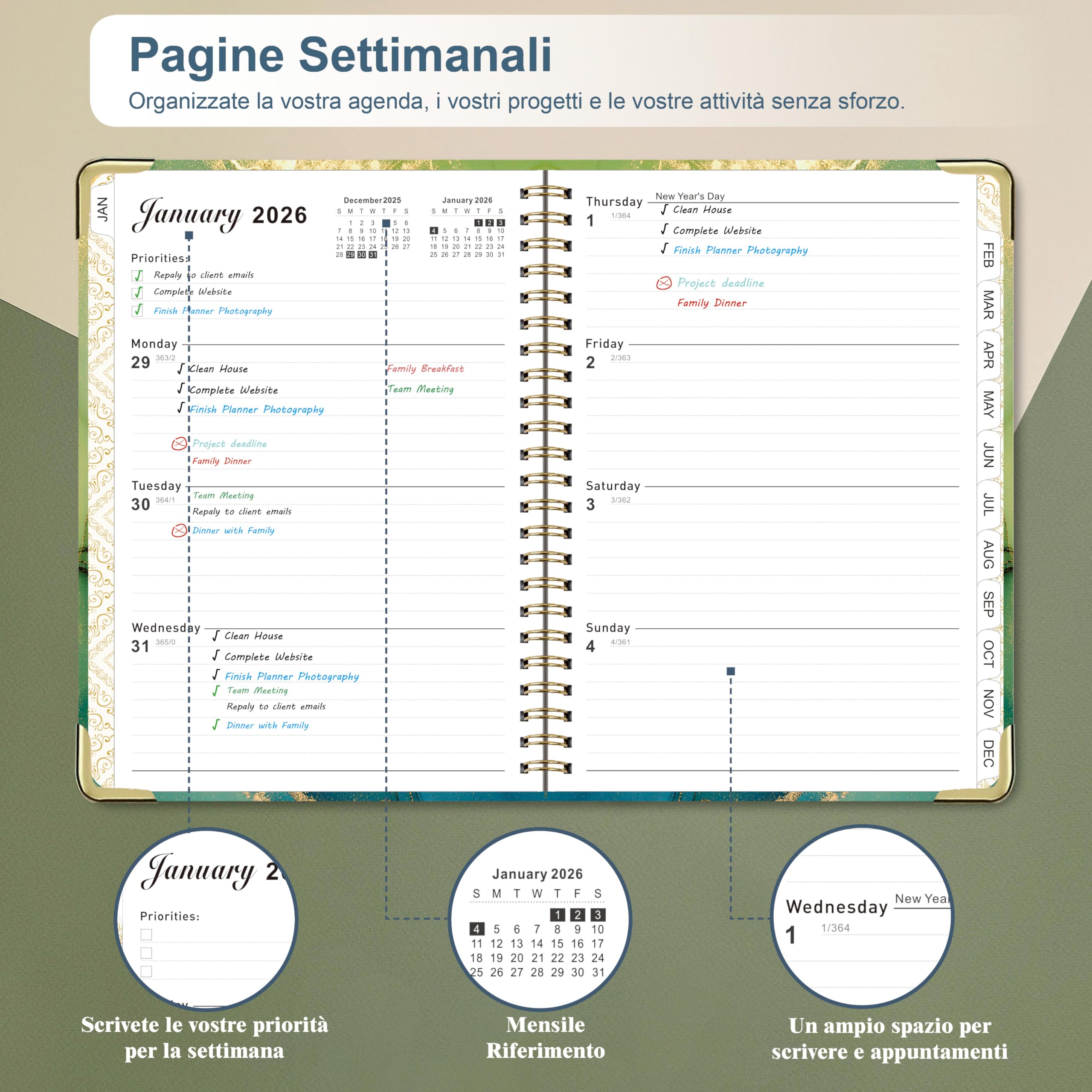 NEYSA Agenda 2026 Settimanale spirale, Diario Scuola A5 Da gennaio a dicembre 2026 (12 mesi) agenda scolastica con passante per penna, righello segnalibro e adesivi - 21,7 X 15,8 cm (Arancia)