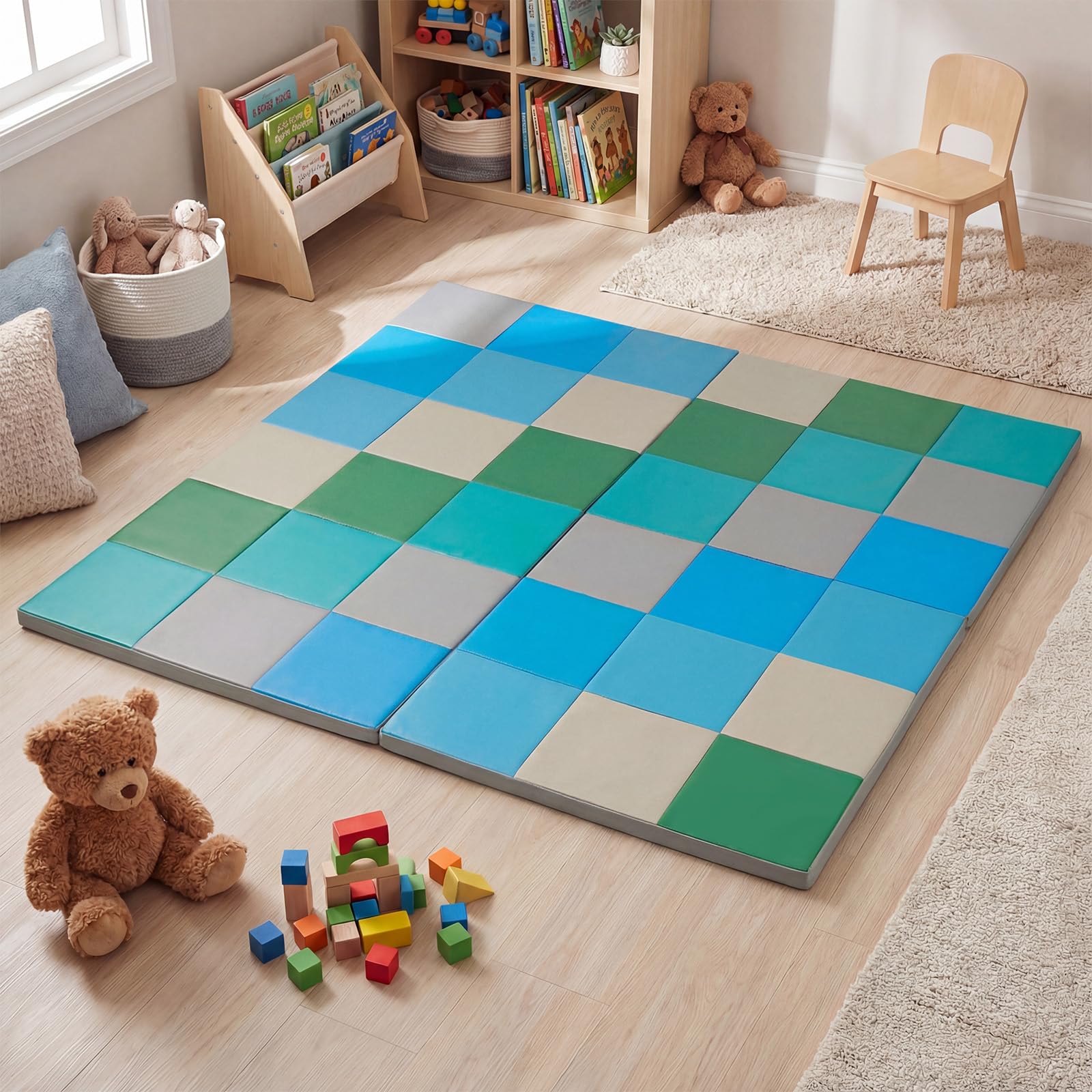 COSTWAY Tappeto Gioco Pieghevole, 144 x 144 cm, Tappetino da Ginnastica con Pelle Impermeabile, Tappeto da Pavimento per Cameretta (Blu+Verde)