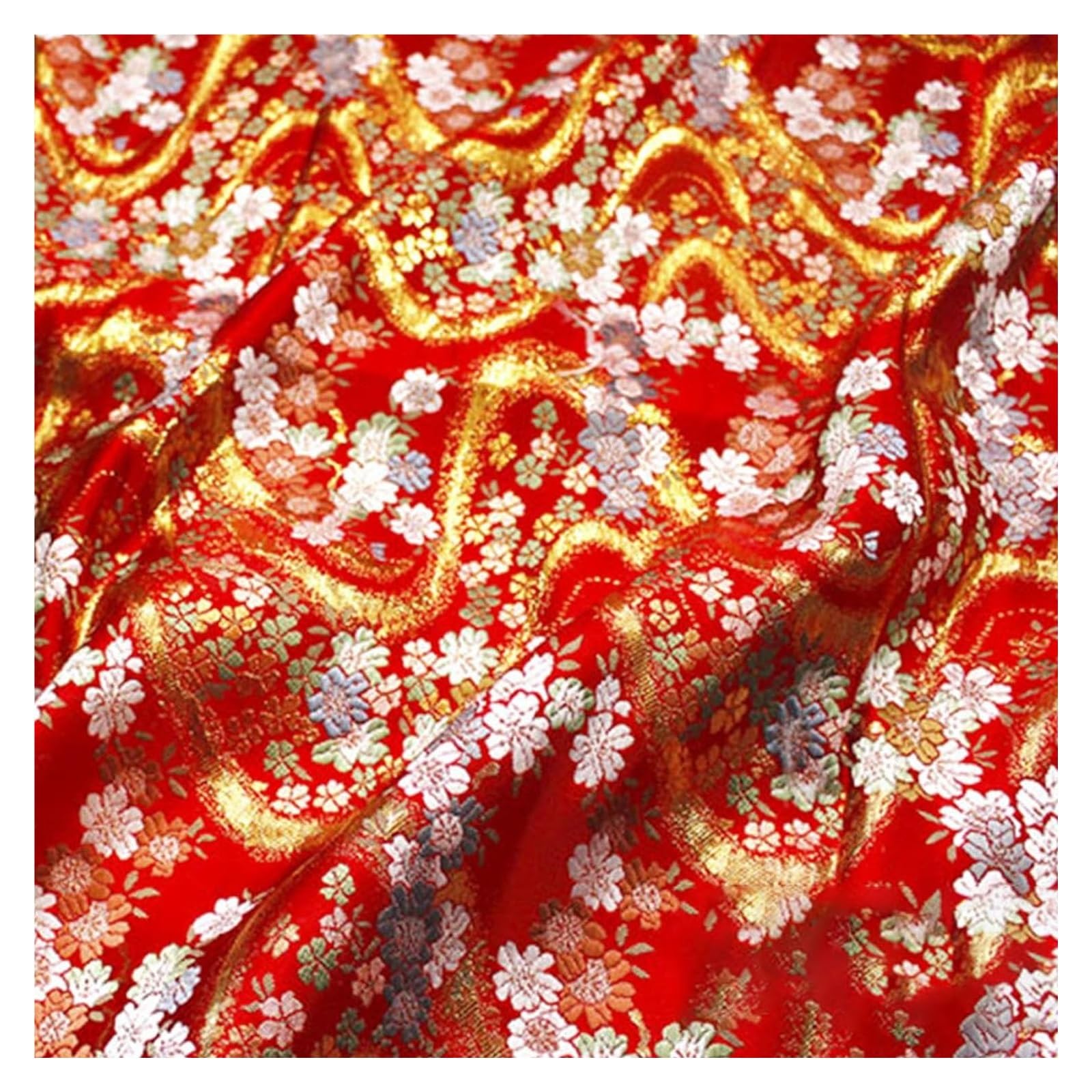 Tissu Nishijin brodé or : coupon de soie japonaise rouge 75x50cm