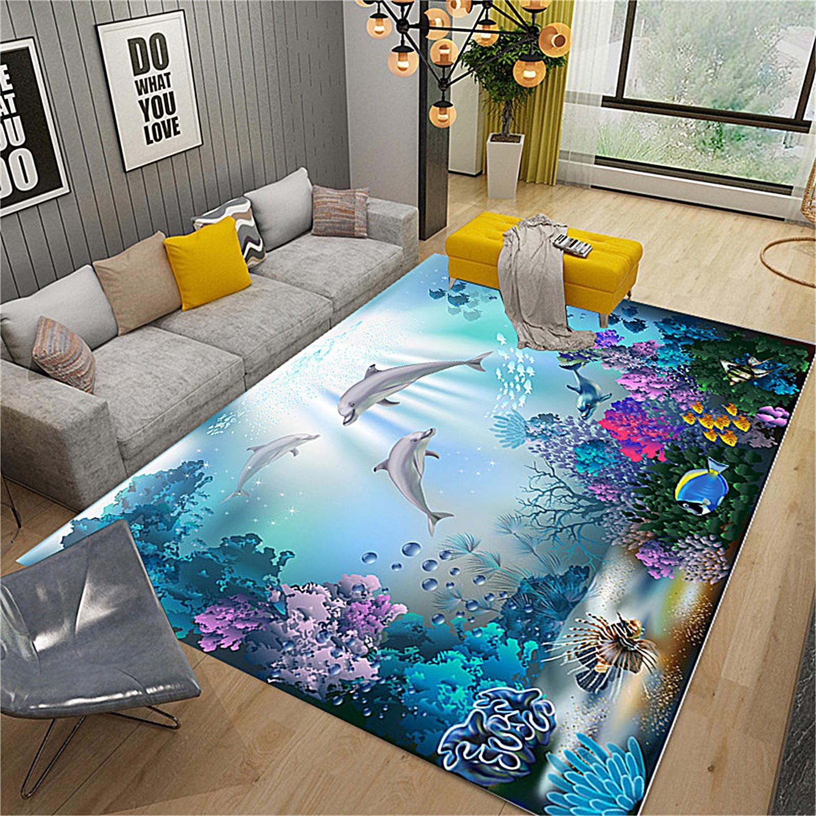 3D Dolphin Area Rug, 5x6ft, Ocean Animal Fish School Coral Sea Turtle Carpet Underwater World Non-Slip Life Floor Mat for Living Room Bedroom Kitchen