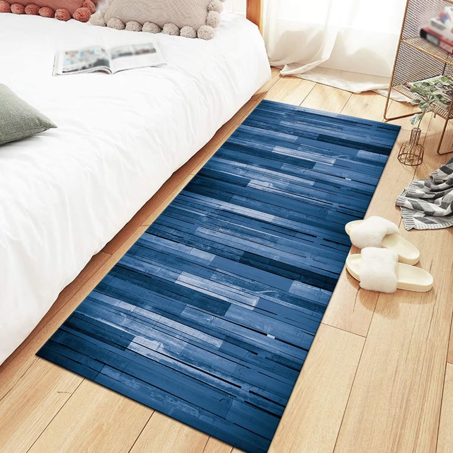 Teppich Läufer Lang Küche Flur Wohnraum Teppichläufer Rutschfest Waschbar Küchenläufer Teppichmatten Blau Holzmaserung 60X300CM Meterware Läufer Flurteppich Wohnzimmer Schlafzimmer Küchenteppich