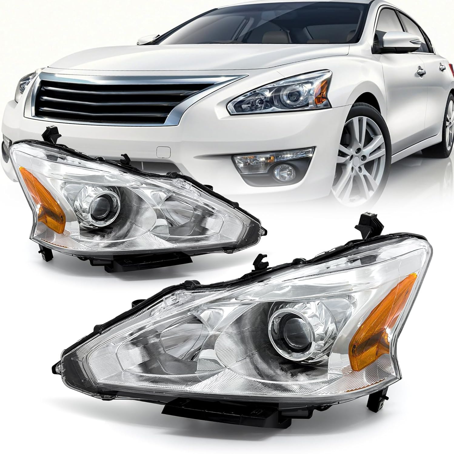AS AUTOLIGHTS compatible with 2013 2014 2015 Altima Sedan Headlights Assembly Replacement for 13 14 15 Nissan Altima Sedan 4 DOOR with Chrome Housing Amber Reflector Clear Lens