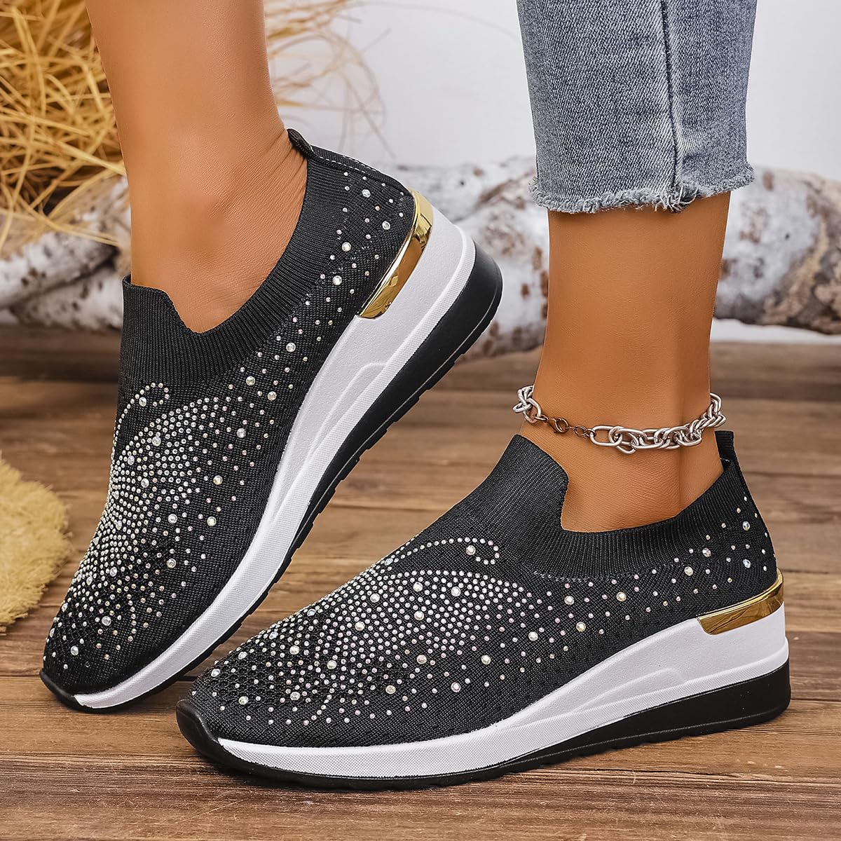 Spakle - Sneaker da donna con zeppa e strass, slip-on