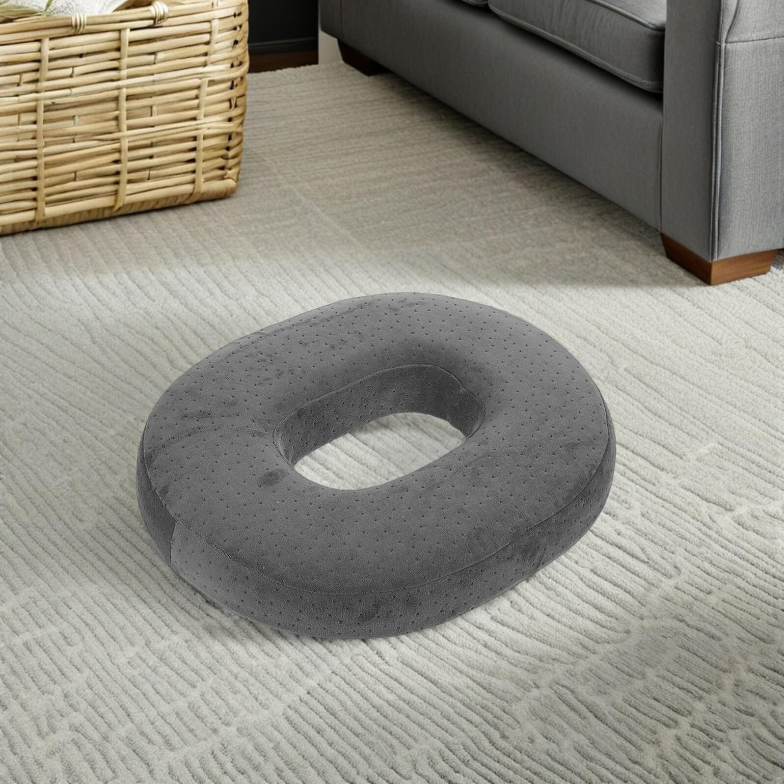 POPETPOP Cojín Ergonómico de Espuma Viscoelástica con Forma de Dona Ovalada 43X35X7 CM Asiento de Terciopelo Gris Transpirable para Silla de Oficina Silla de Ruedas y Viaje