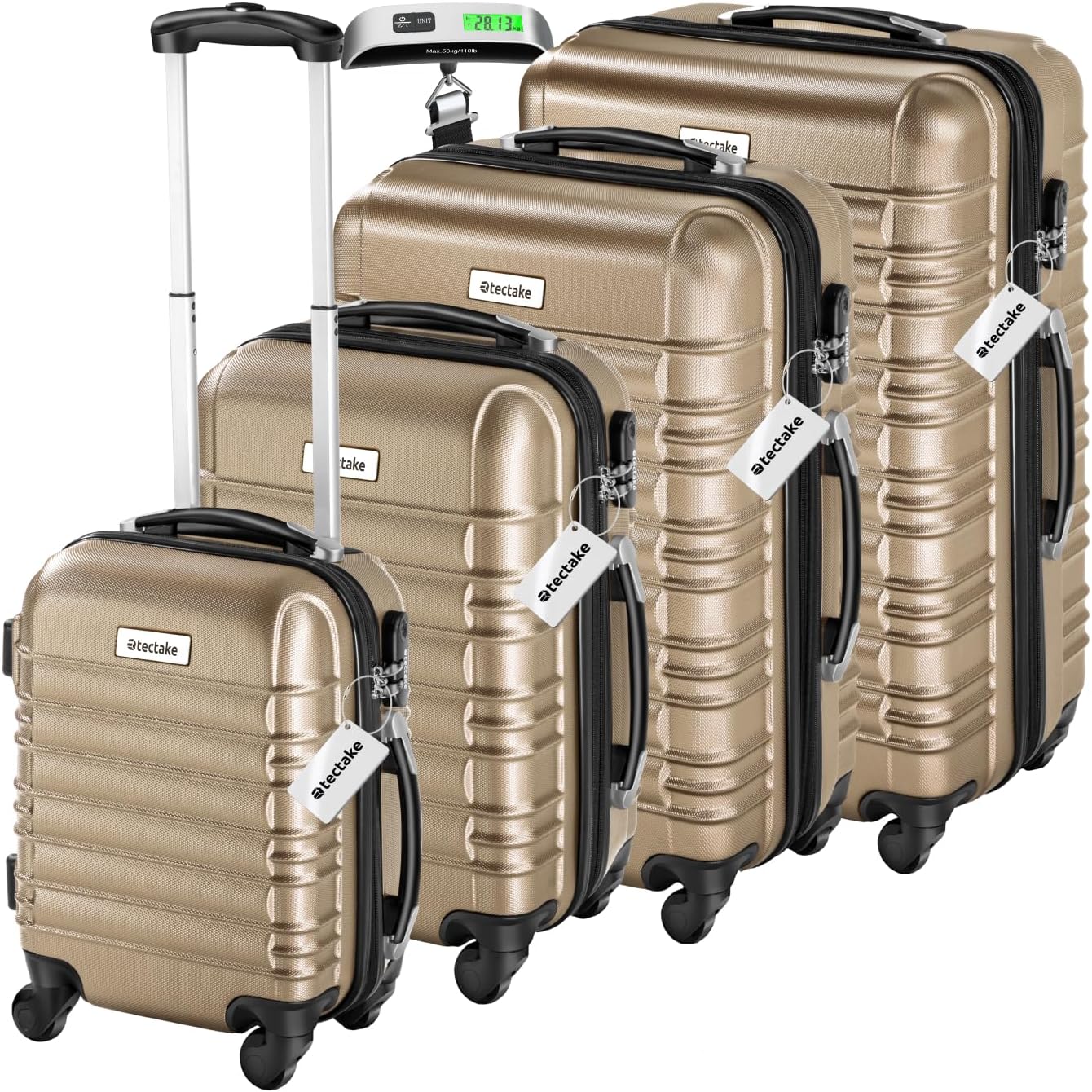 TecTake® Travel Suitcase Set 4 Sizes Large Suitcase Cabin Suitcase Small Suitcase Travel Bags Maternity Suitcase ABS with 360° Swivel Wheels Padlock Telescopic Handle, champagne, Différentes tailles