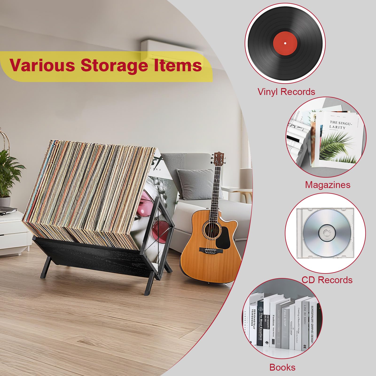 porta vinili per 100 dischi in vinile, porta cd da tavolo di legno, stile retrò organizzatore per la tua raccolta, nero