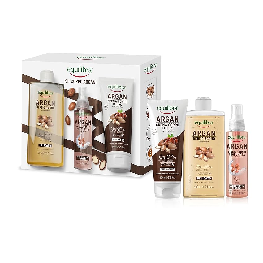 Immagine del prodotto Equilibra Corpo, Kit Corpo Argan, Argan Dermo-Bagno Delicato, Argan Acqua Corpo Profumata Con Olio Di Argan, Argan Crema Corpo Fluida Anti-aging, Confezione regalo