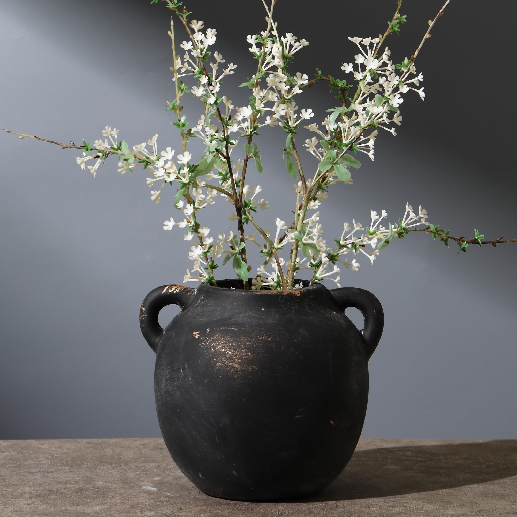 KRYSTHIA Keramik-Blumenvase mit Griffen, dekorative schwarze Vase, rustikale Terrakotta-Vasen für Heimdekoration, Bauernhaus-Vintage-Vasen für Wohnzimmer, Küche, Schlafzimmer, Büro, Couchtisch, 14 cm