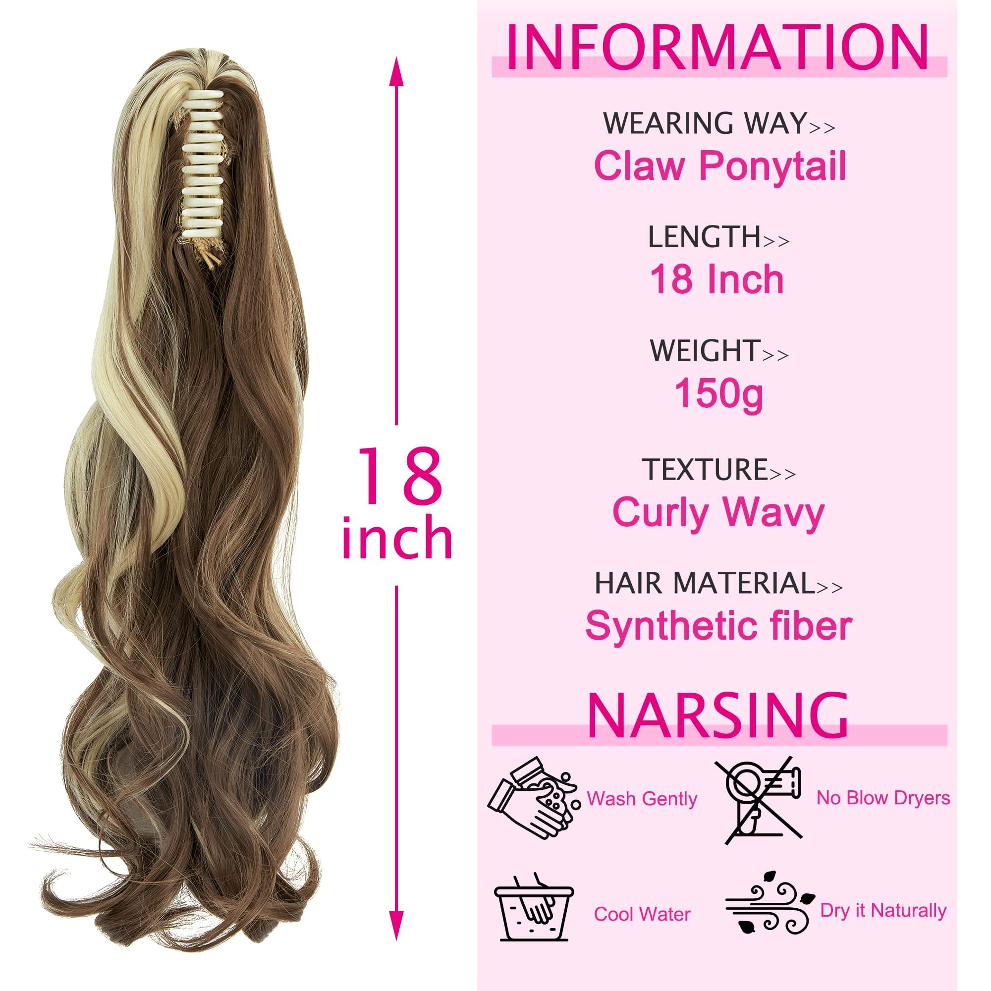 FXYTK Claw on Ponytail Clip in Ponytail Hair Extensions Hair Piece Clip on Pony Tail Hair Extension Claw Jaw Ponytail Extensions 18" Curly Brown Mix Bleach Blonde - Image 2
