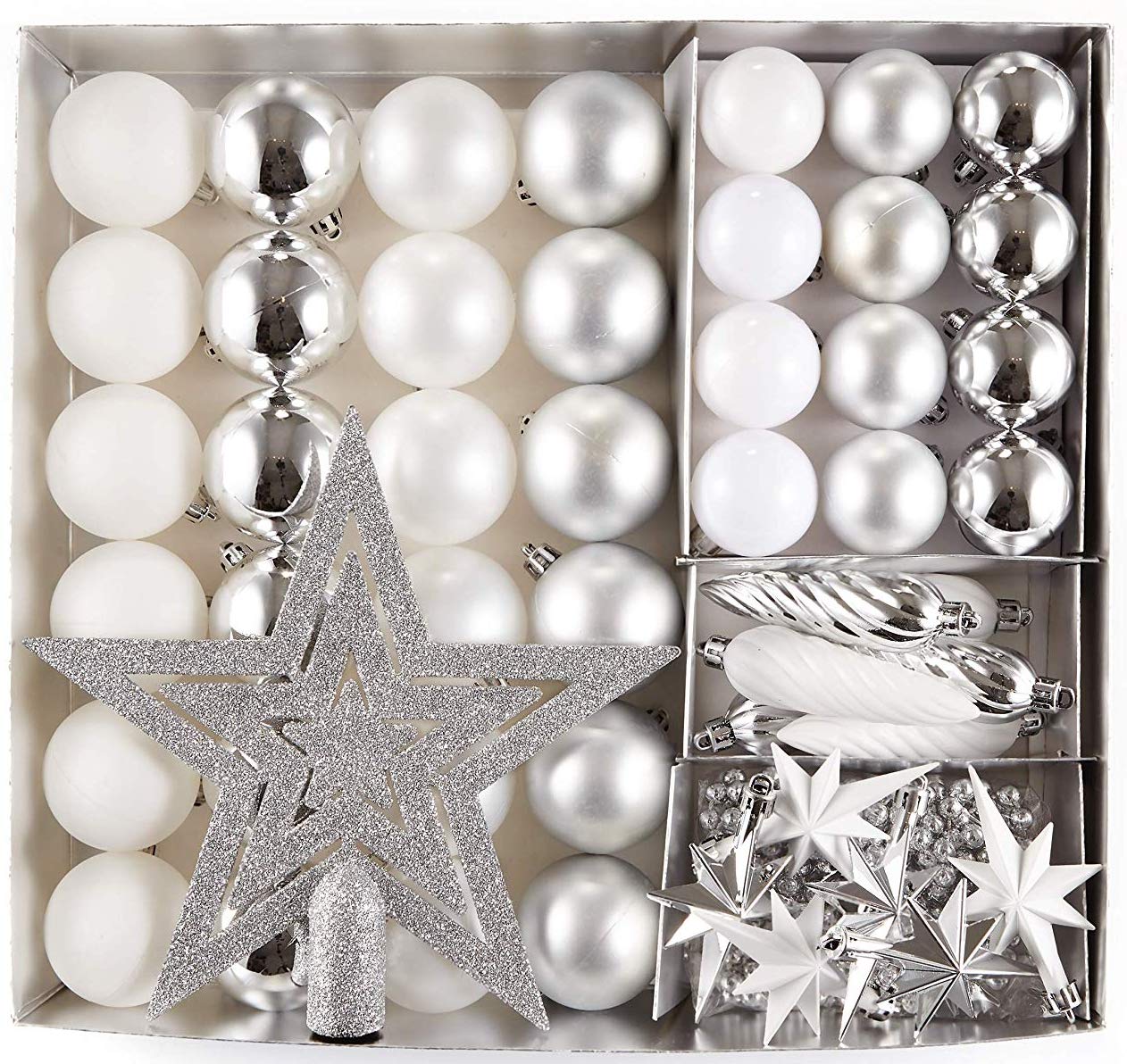 HEITMANN DECO Set of 50 Christmas Tree Decorations with Lace - Plastic Christmas Decorations White Silver for Hanging