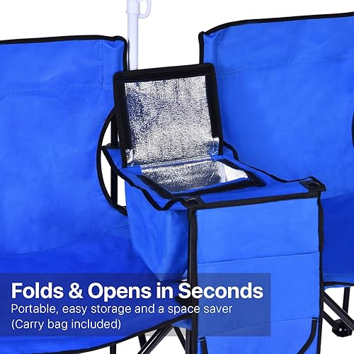 Miniatura 3 de Flexzion Silla de playa plegable doble con paraguas enfriador de mesa y bolsa, silla plegable compacta portátil, silla de campamento para 2 personas