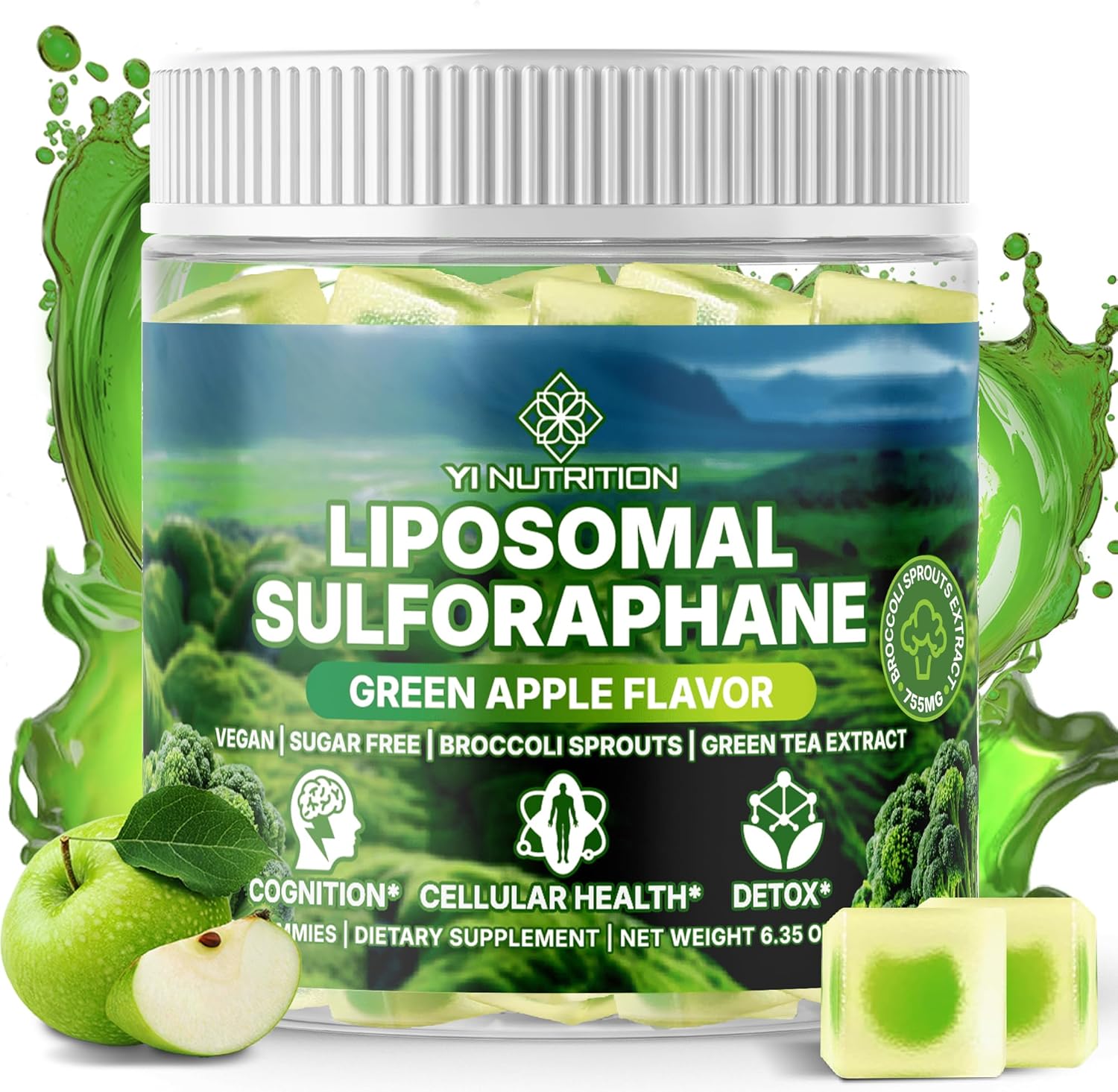 Liposmal Sulforaphane Gummies - Broccoli Sprouts Extract 755mg Total with Myrosinase, Glucoraphanin, and Green Tea Extract | Broccoli Sprout Supplement for Antioxidant, Detox & Cellular Health