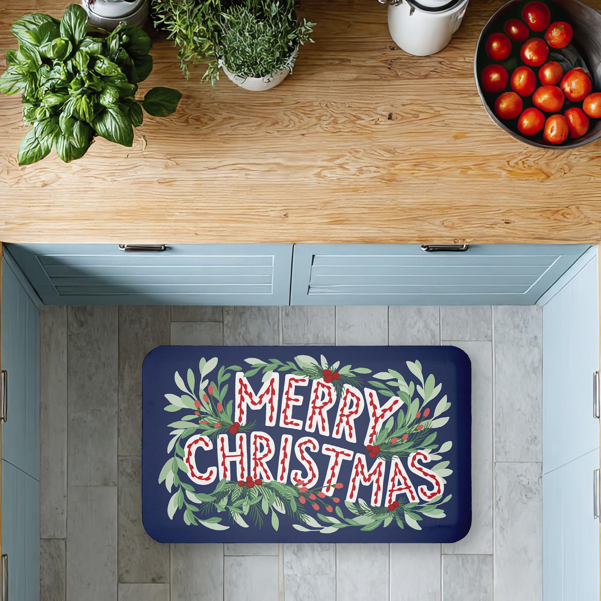 Merry Christmas & Greenery Anti-Ermüdungs-Fußmatte, ergonomisch gepolsterte Küchen- und Stehmatte mit Rutschfester Unterseite, umweltfreundliche Komfortmatte, Design von Heather Mclaughlin, 76,2 x