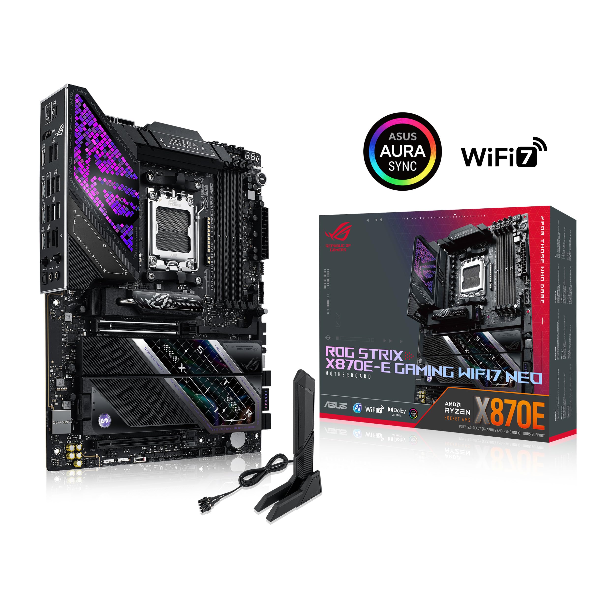 ASUS ROG Strix X870E-E Gaming WIFI7 NEO, placa base AMD ATX, 18+2+2 etapas de potencia, ranuras DDR5, cinco ranuras M.2, PCIe® 5.0 con soporte completo para GPU de próxima generación, Wi-Fi 7, USB 4