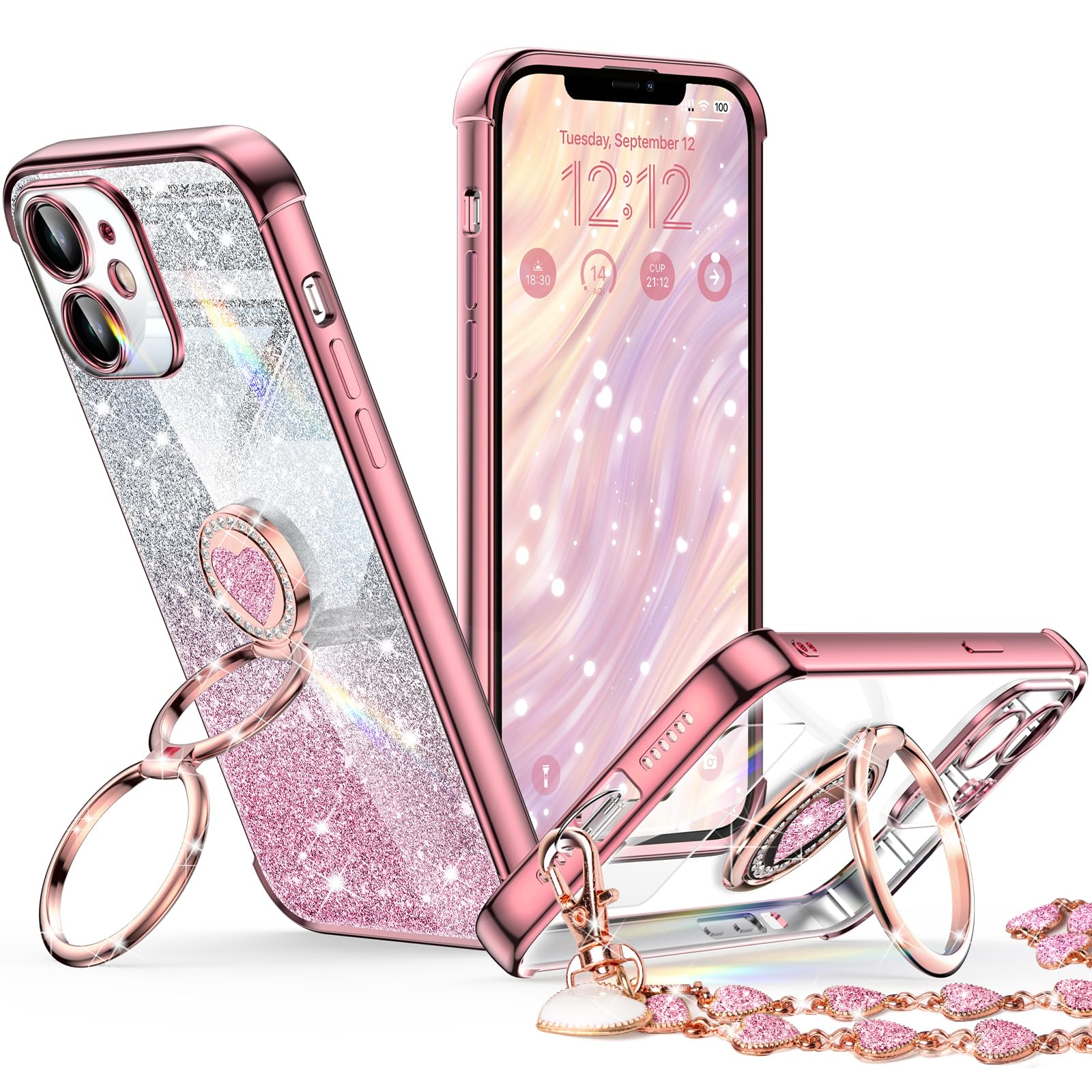 XYZ for iPhone 12 Case with Stand, Phone Case with Double Ring Kickstand, Women Girls Bling Luxury Glitter Clear Phone Case Cover Heart for iPhone 12,