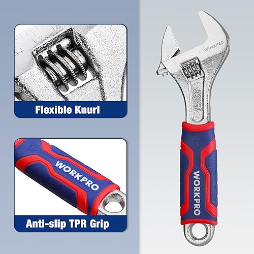 Miniatura 4 de WORKPRO Llave ajustable de 6 pulgadas, llave de apertura de mandíbula ancha con agarre antideslizante de goma, escalas métricasSAE, acero Cr-V