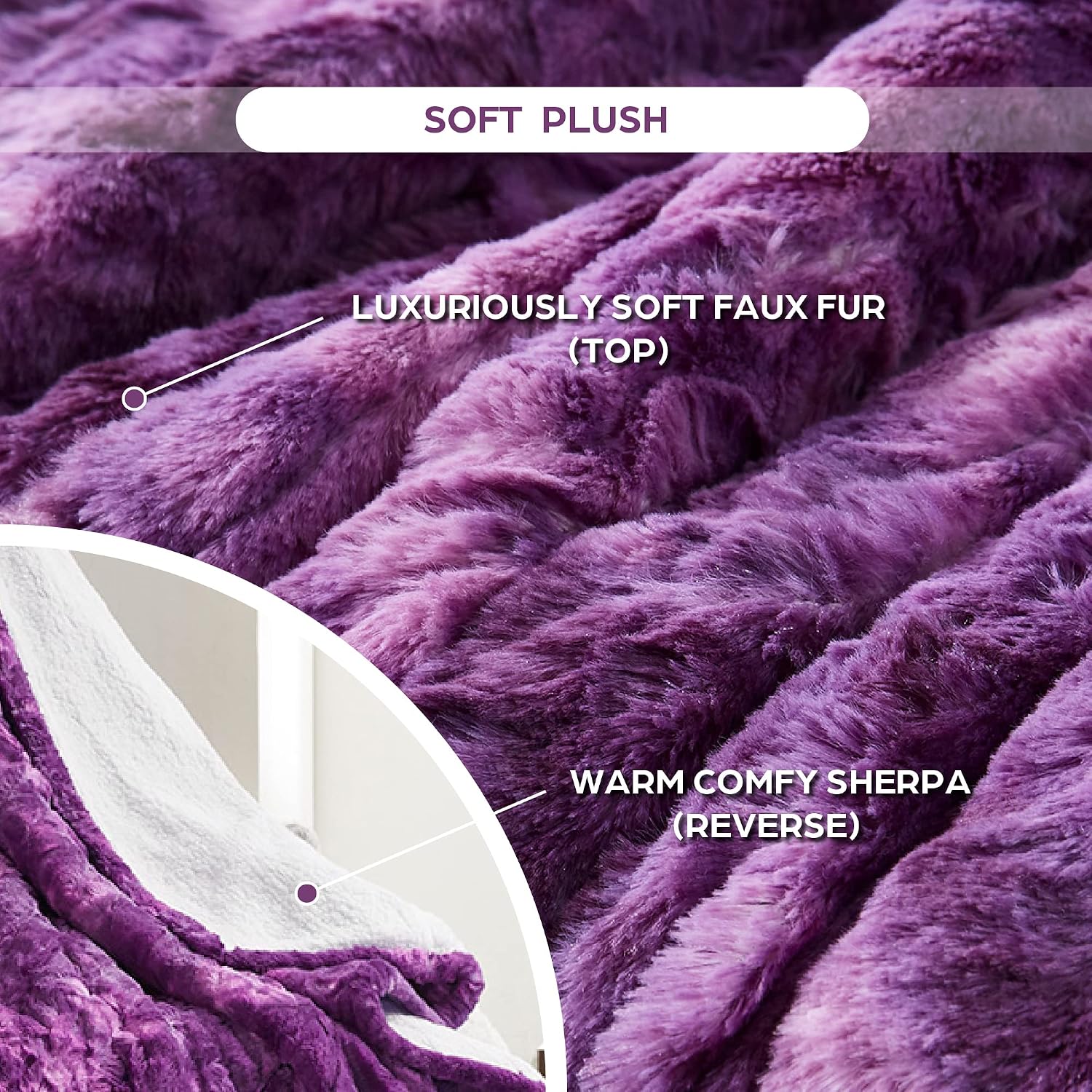 Codi Soft Oversize Heated Throw Blanket, Purple Faux Fur with Fuzzy Sherpa Back | 60 x 70 Oversized Electric Throws for Couch | 3 Heat Setting with 2H Auto Shut Off, 6ft Power Cord | Washable