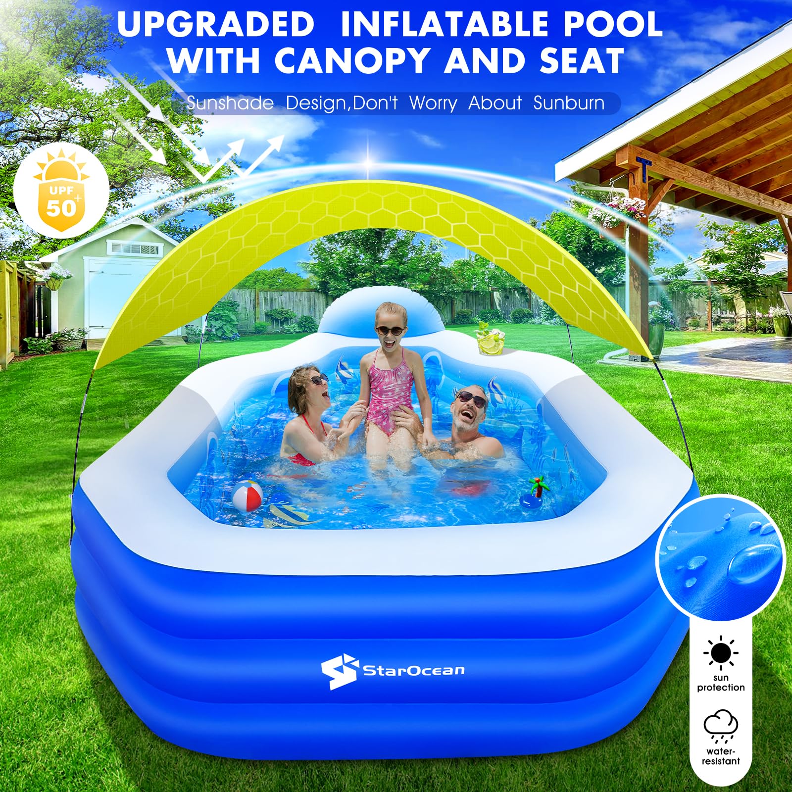 Large Inflatable Pool With Removable Canopy - 126x75x25 Family Pool With Seats & Cup Holders