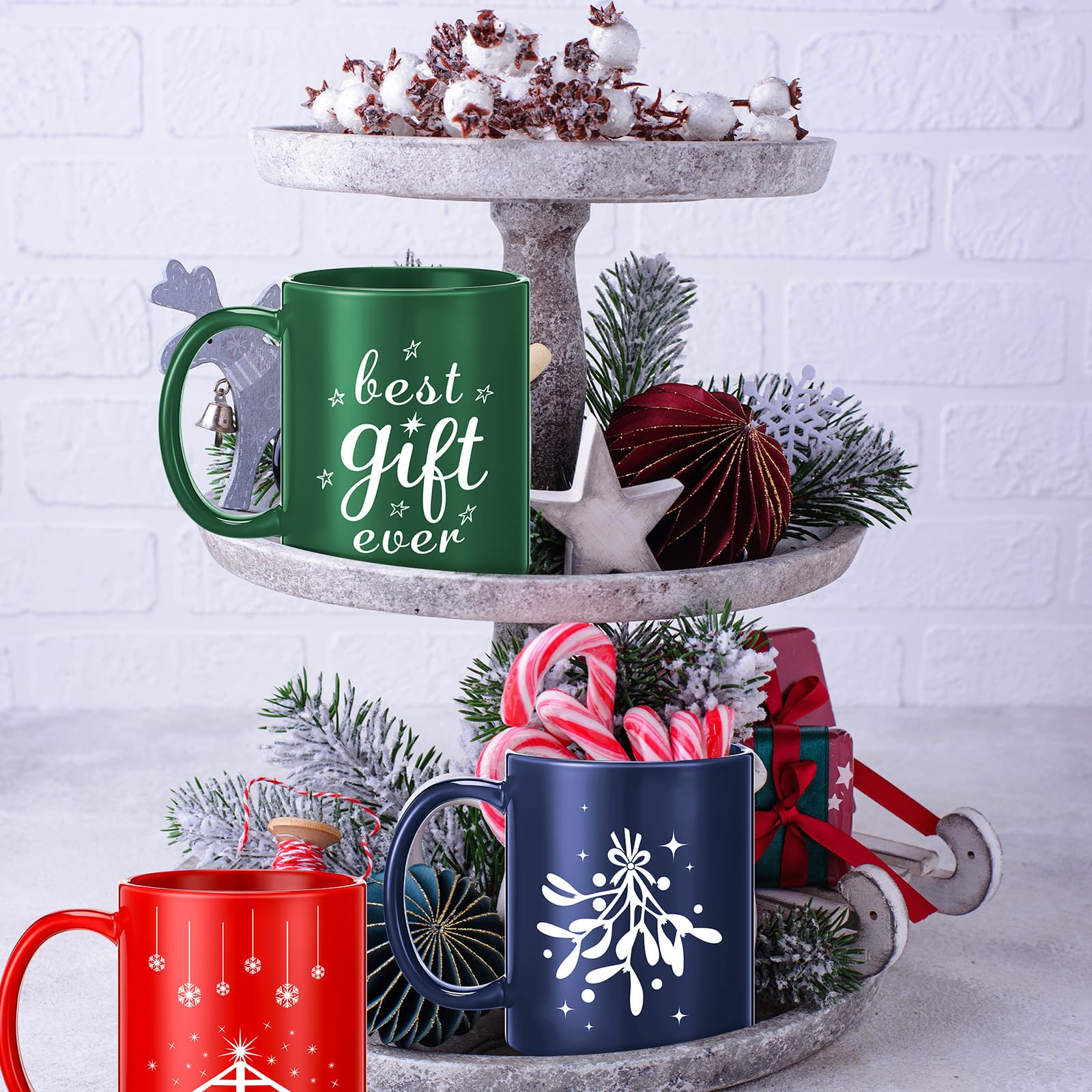 Uiifan Juego de 9 tazas de Navidad de 12 onzas, mini tazas de café de Navidad con taza de belén, tazas de cerámica para Navidad caliente o fría, centros de mesa, decoración de inauguración de la casa