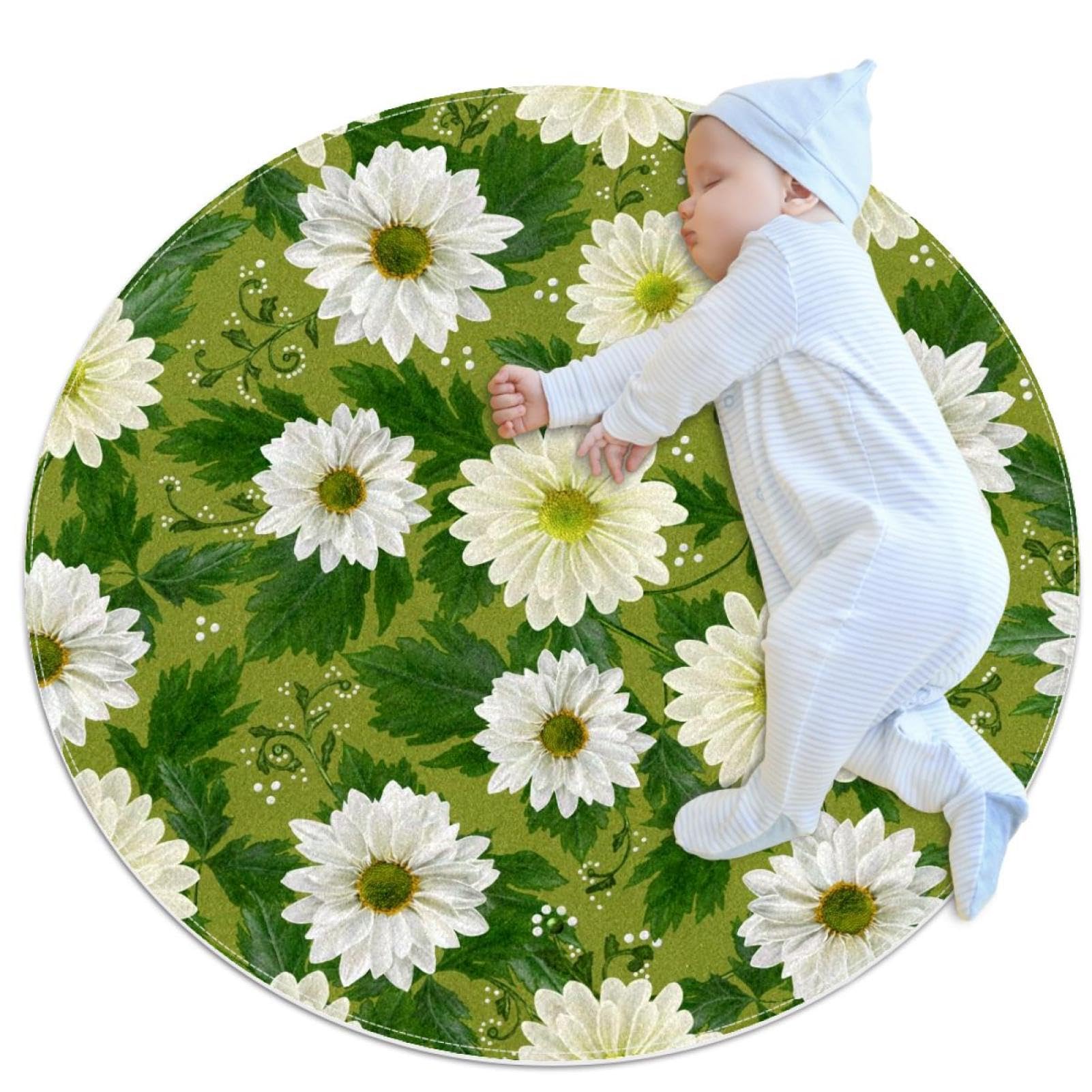 Tapis de salle de bain floral motif chrysanthème blanc paillasson rond 1m chambre enfant
