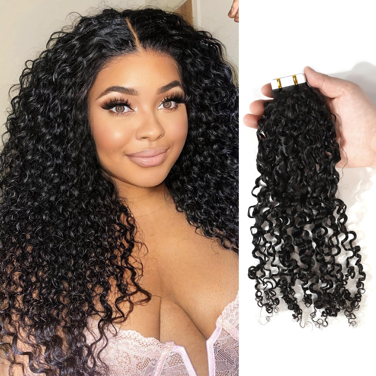 Invisible Jerry loose curly wave tape in hair extensions Natural black remy hair 20pcs 50g 3C Irregular curls soft curly for black women strong tape