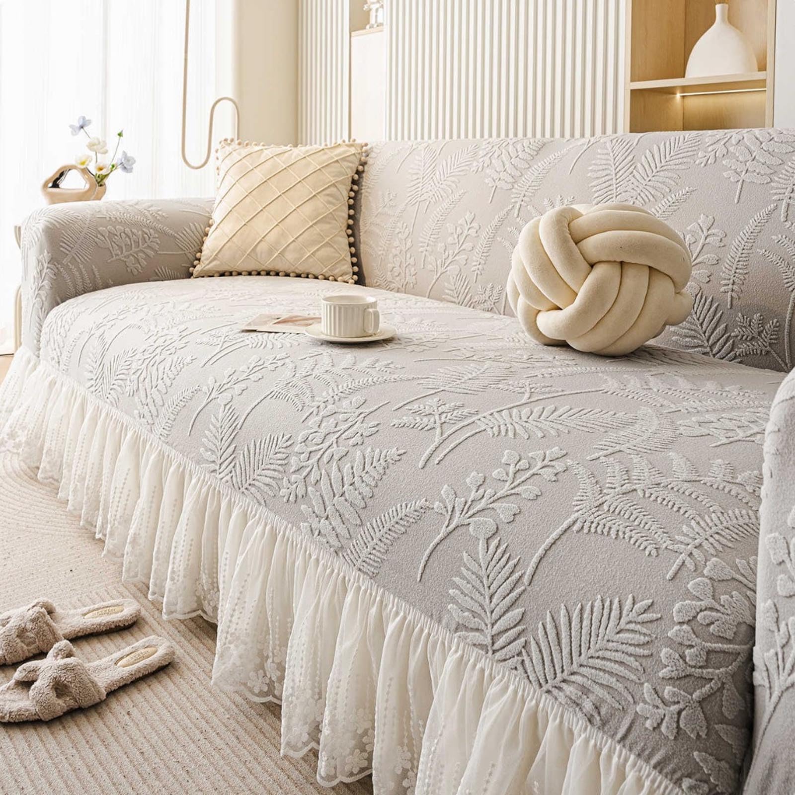 Housse de canapé en polaire jacquard extensible double gris