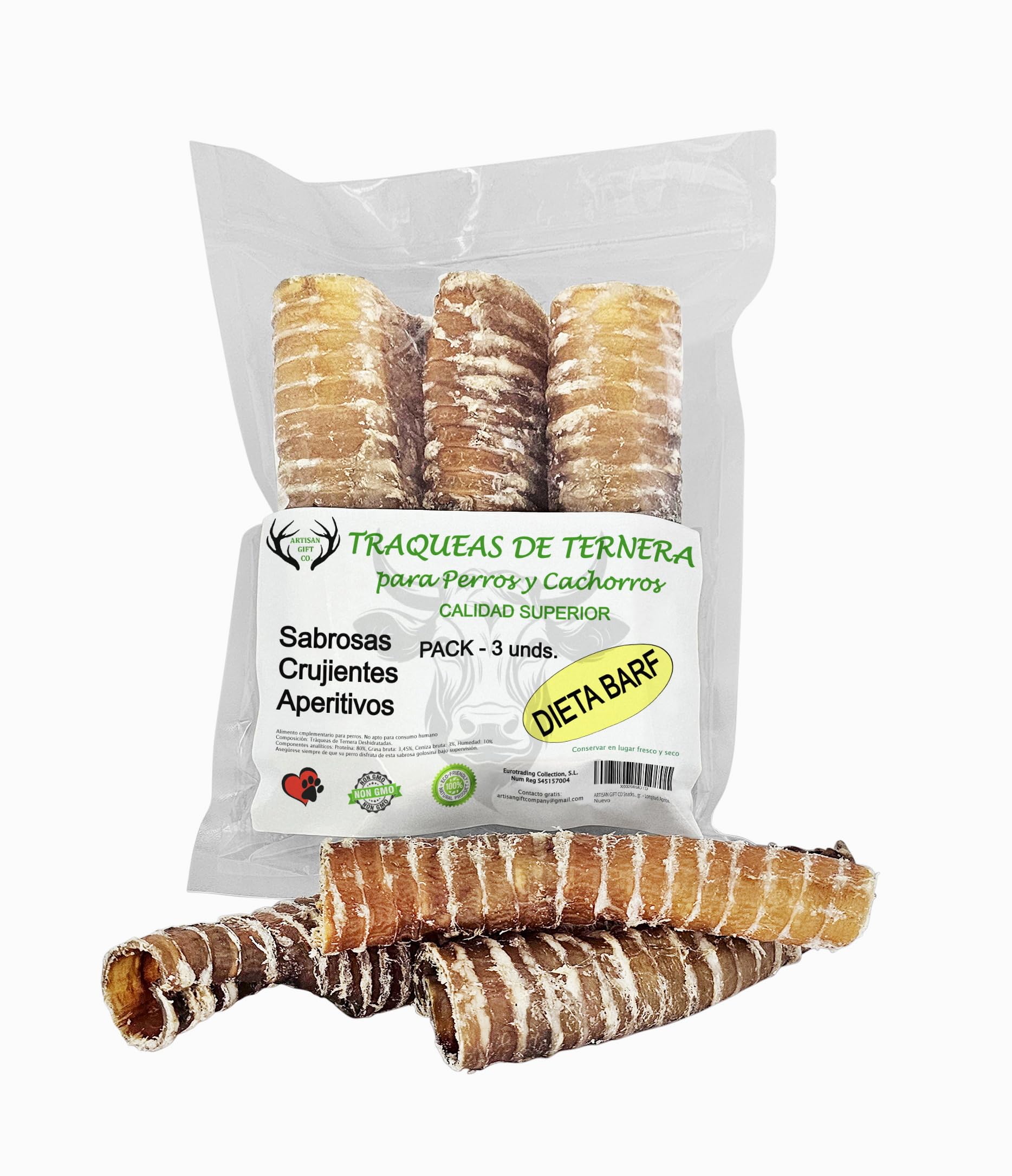 ARTISAN GIFT CO Snacks Naturales para Perros – 100% Carne Sabrosa Deshidratada, Apto para Dieta Barf (125 g, Traqueas de Ternera)