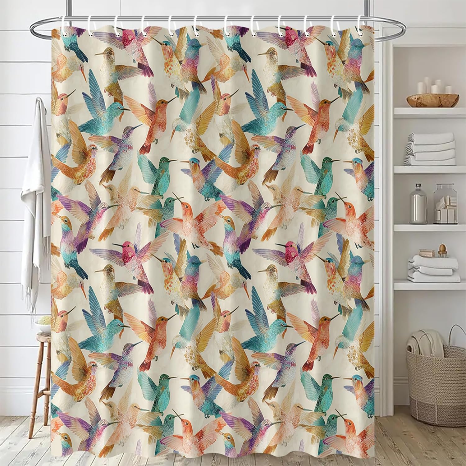 Colorful Hummingbird Shower Curtain 72x72 Inch with Hooks Vibrant Watercolor Birds Fabric Bathroom Decor for Nature Lovers Tropical Wildlife Theme Bathtub