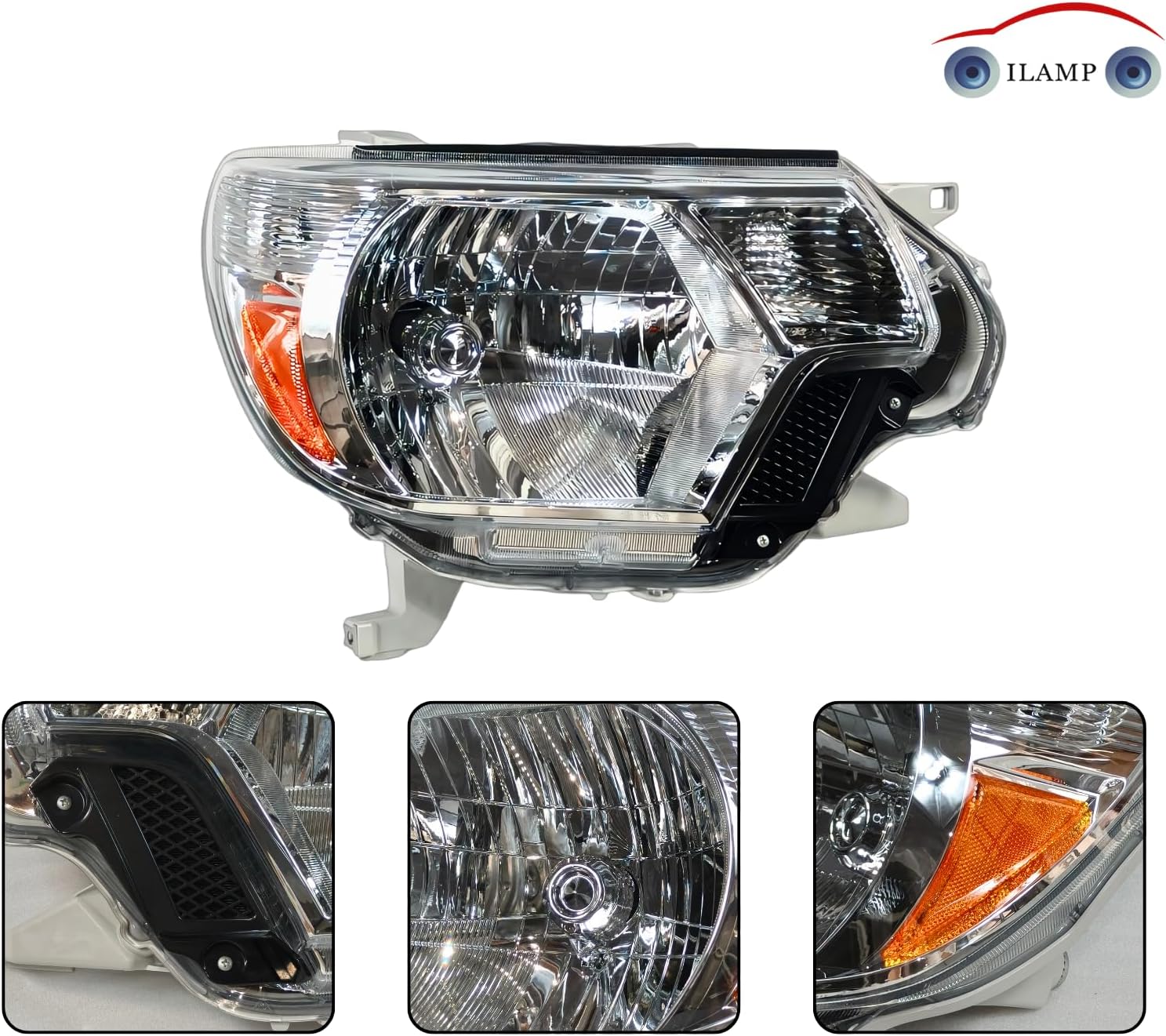 Headlight Fit For 2012 2013 2014 2015 Toyota Tacoma Headlamp with Chrome Housing Amber Reflector Replacement （Right Passenger） RH 81150-04180 TCM12A01R