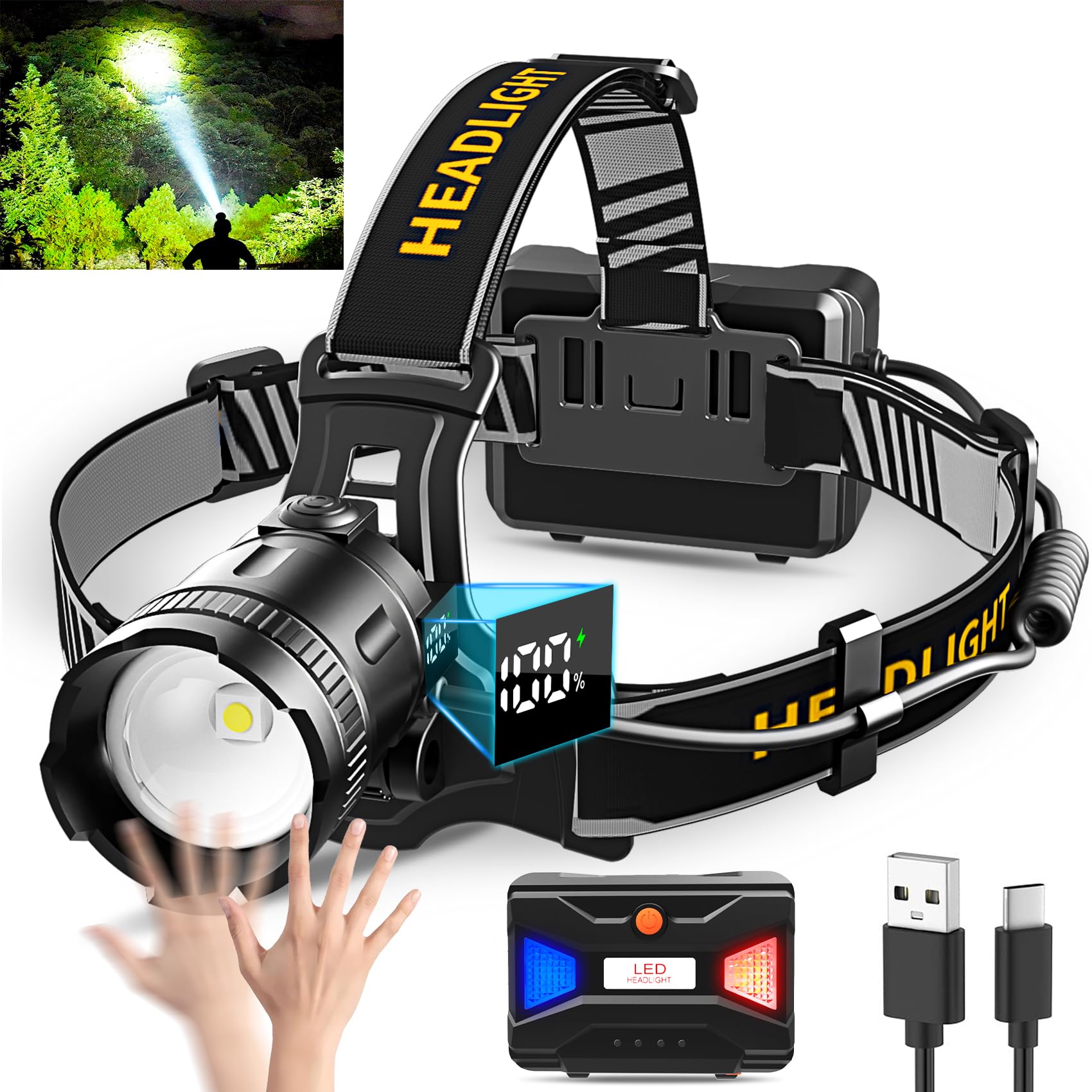 LED Headlamp with Motion Sensor Super Bright, 3 Lighting Modes, Digital Display, Rechargeable, Waterproof Head Lamp, 90° Adjustable for Camping, Hiking, Fishing, Running Outdoor (1)