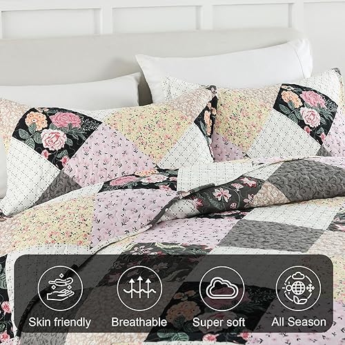 Miniatura 5 de Dinjoy Juego de edredón de retazos a cuadros florales, tamaño Queen, juego de ropa de cama reversible rosa y morado, juego de ropa de cama de