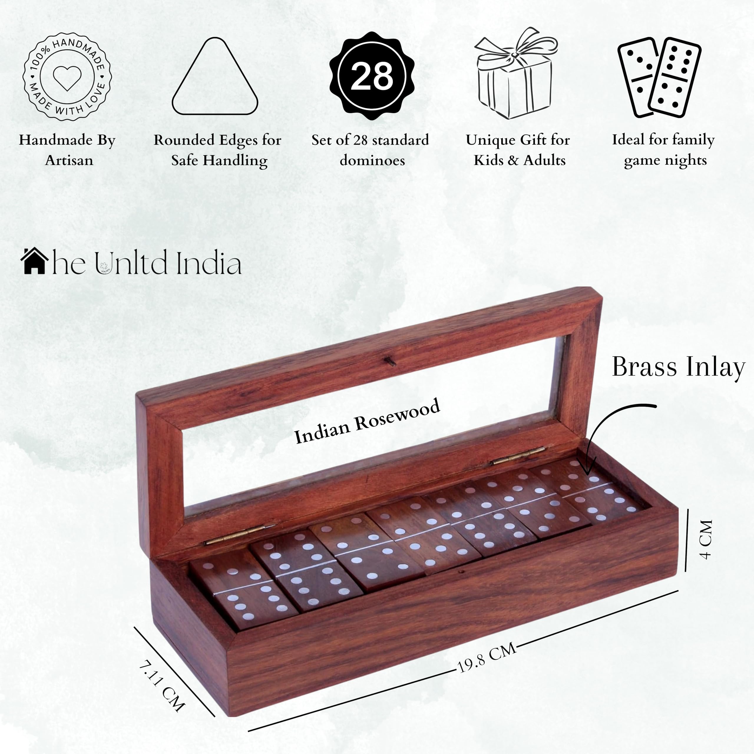 THE Unltd India Handmade Wooden Dominoes Game Set with 28 Professional Tiles, Classic Board Fun Game for Friends and family, Unique Gift for Christmas, Thanksgiving, and Vacations (7.8x2.8x1.6 Inch) - Image 3