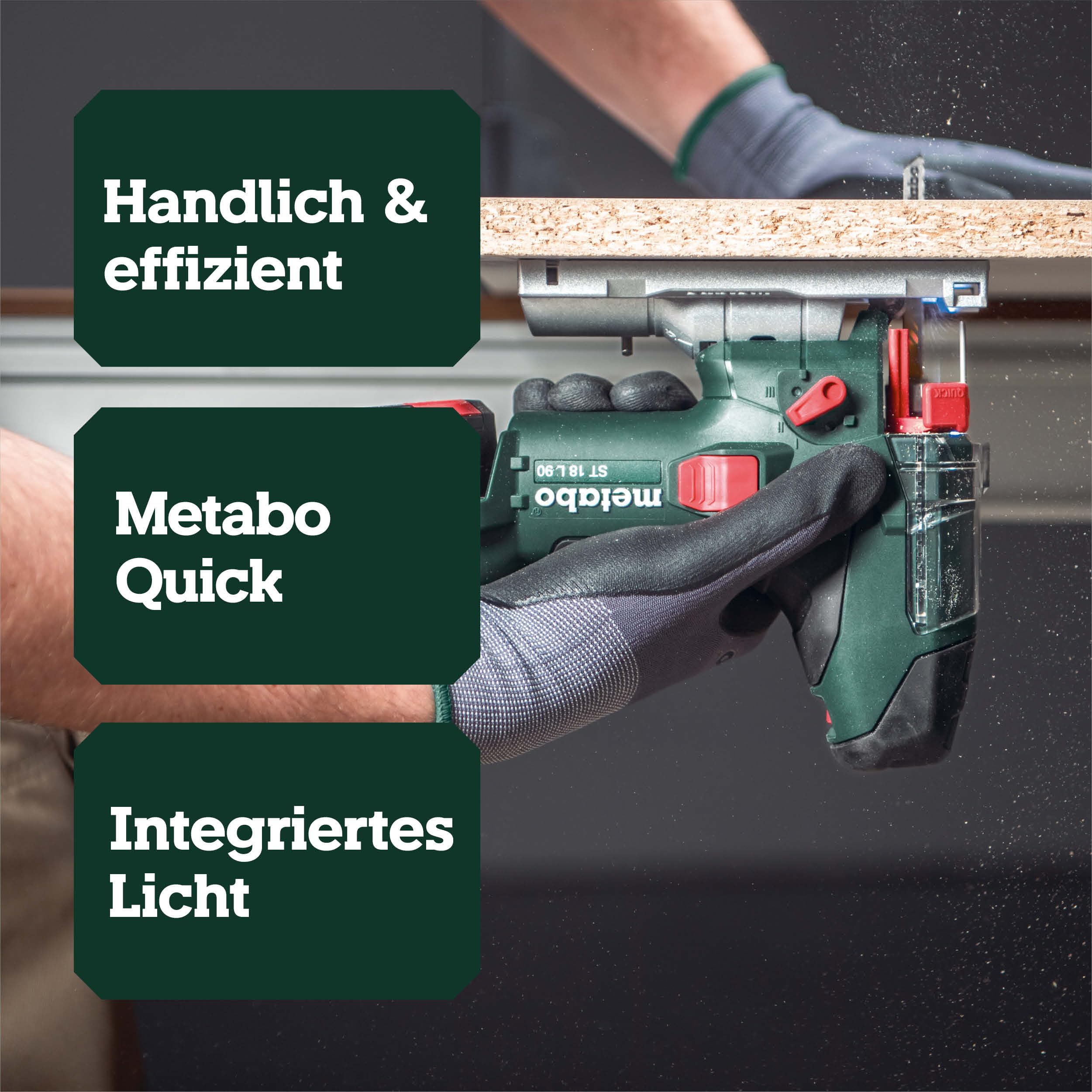 metabo Akku-Stichsäge ST 18 L 90, 18 V Säge mit Metabo Quick System | 90 mm Schnitttiefe, 3000/min Hubzahl, LED-Licht, ohne Akku und Ladegerät, inkl. 2 Sägeblätter und Absaugstutzen