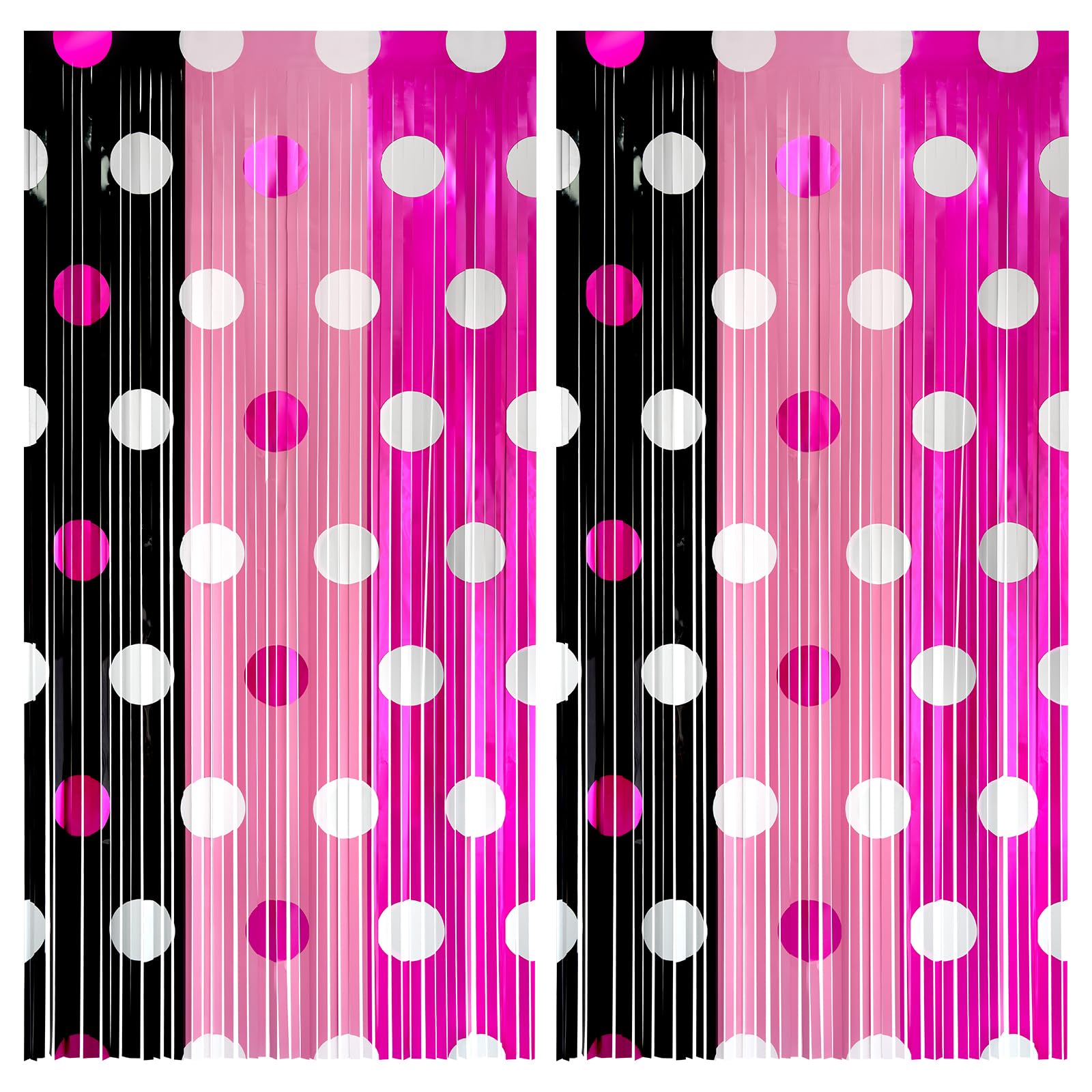 2 Pack Polka Dot Tinsel Curtain Backdrop, Black Pink Rose Red Foil Fringe Curtain with Pink & White Dot Print, Birthday Party Photo Booth Backdrop Wall & Door Decorations