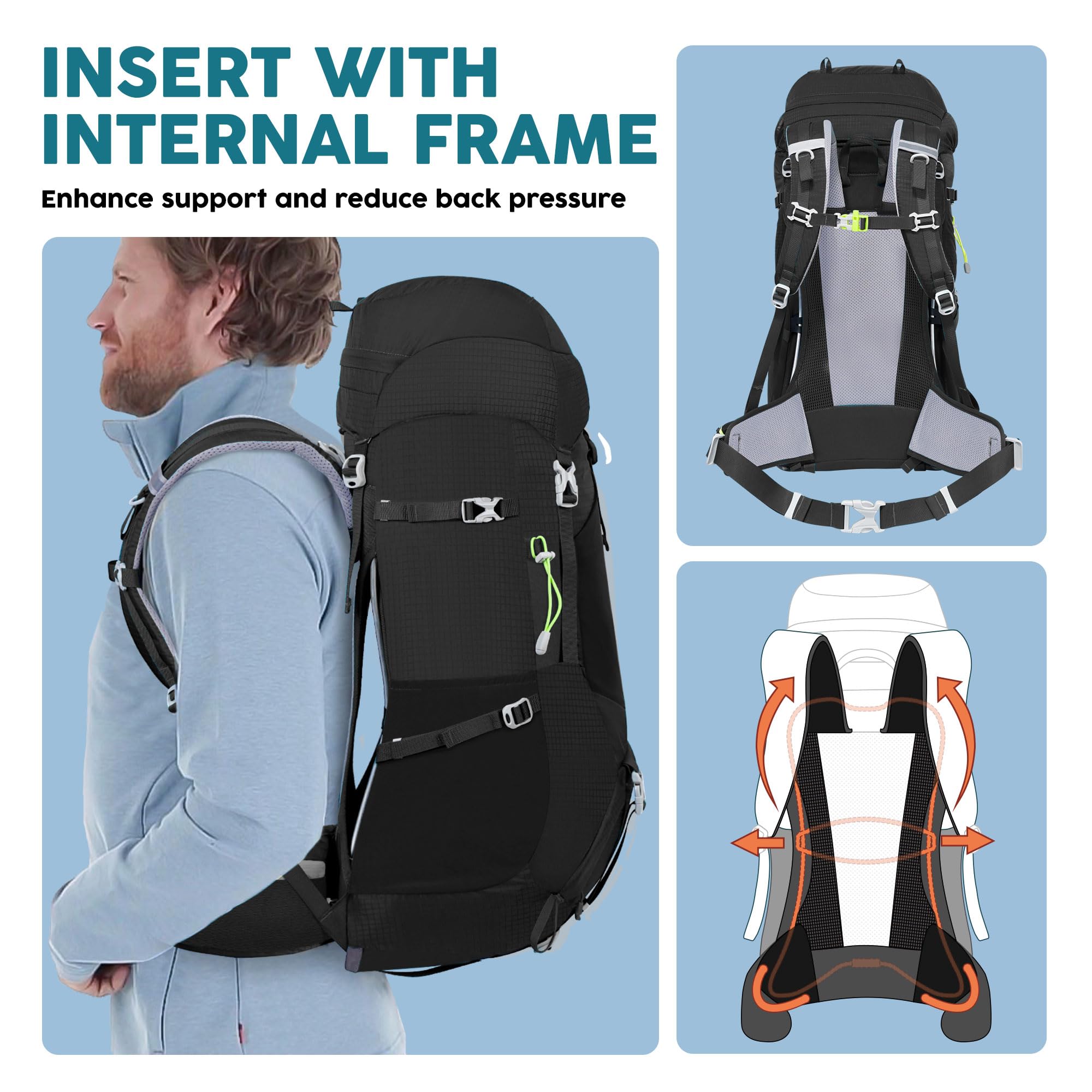 N NEVO RHINO Wanderrucksack mit internem Rahmen, 40/50/60/65/80 l, Moutain Klettern Camping Rucksack Daypack für Damen und Herren