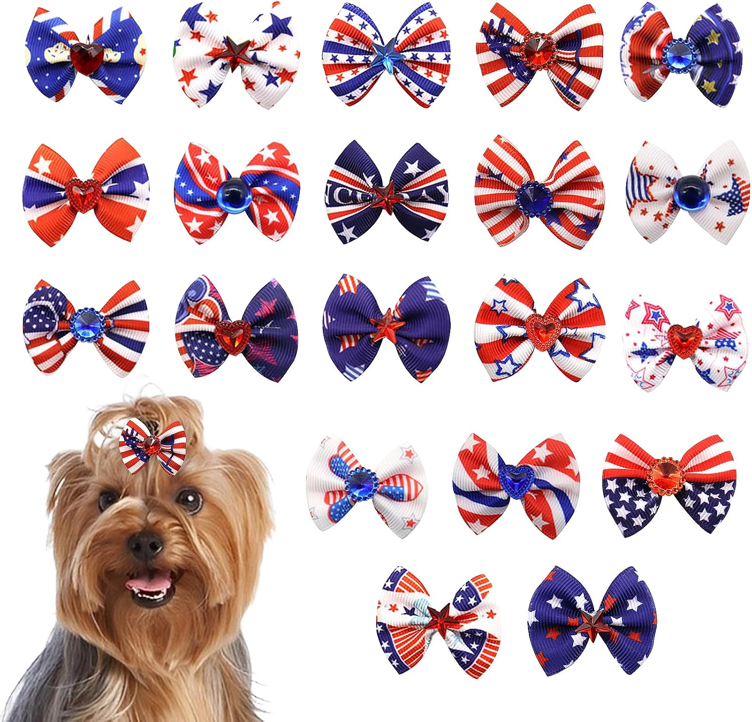 American Flags Dog Bows Hair Scrunchies for Pet Grooming - 10Pcs Cute Red White and Blue Dog Hair Bows Ties Patriotic Hair Elastics Bands Ponytail Holders 4th of July Dog Hair Accessories for Pets