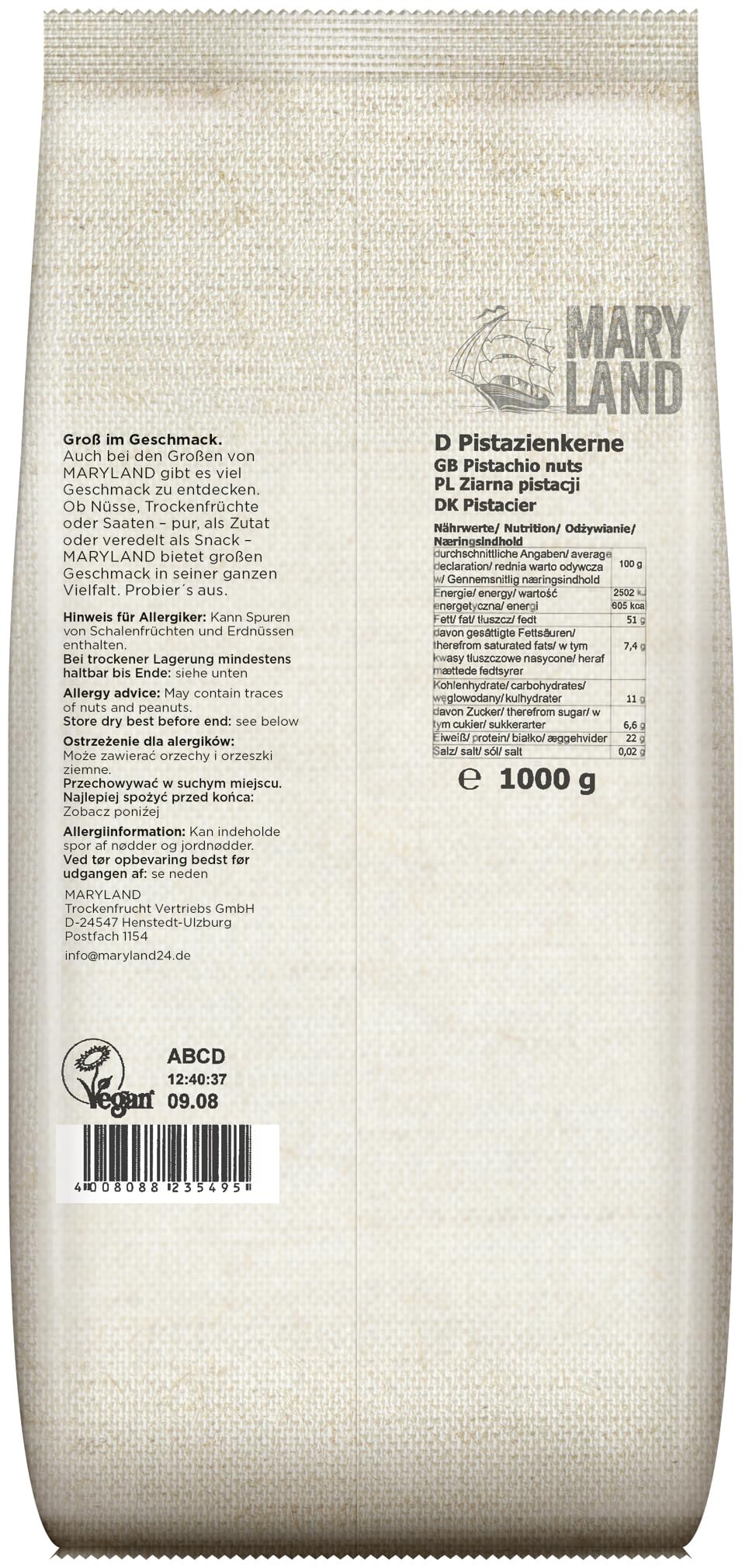 Maryland Pistazienkerne 1000g Vorratspackung 4er Pack – Pistazienkerne naturbelassen, vegan, frei von künstlichen Aromen, ohne Zusatzstoffe – Im Großformat genießen (4 x 1000g)