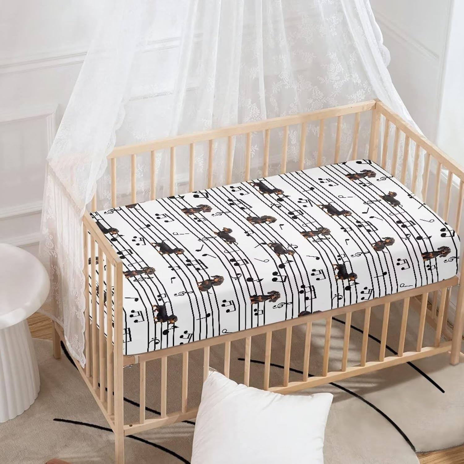 Music Dachshund 1 Pack Fitted Mini Crib Sheet 52" x 28", Soft Breathable Neutral Portable Sheet, Gray Star/Zigzag, for Boys and Girls, Fits Most Pack N Play Mattresses