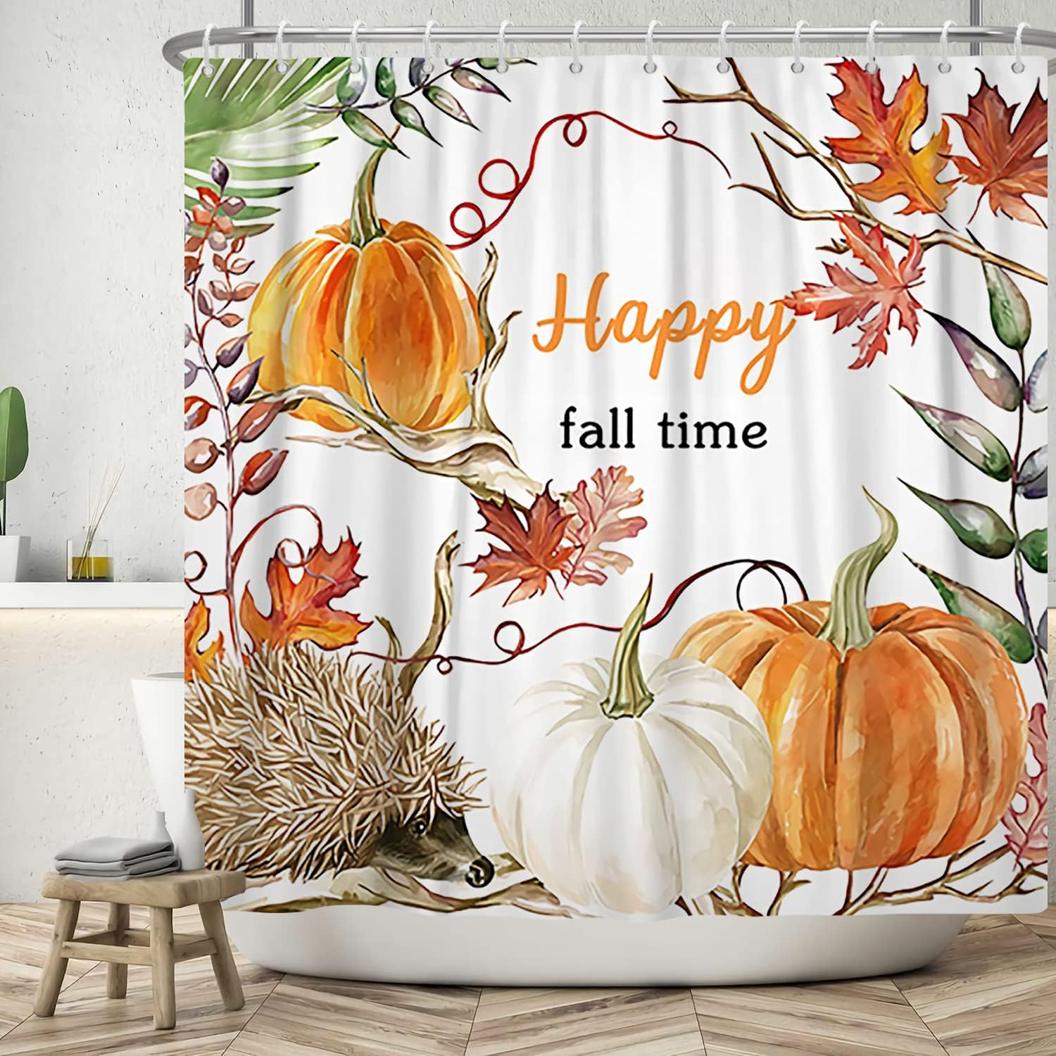 Happy Fall Shower Curtains for Thanksgiving Bathroom Decor Autumn Leaves with Plump Harvest Pumpkins Bathroom Curtains with Hooks, 60x72 Inch Waterproof Fabric