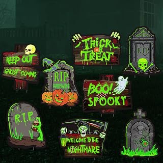 8 Pack Outdoor Halloween Decorations Fluorescence Graveyard Tombstone Halloween Yard Signs with Stakes Scary Halloween Pumpkin Trick or Treat Beware Signs for Haunted House Halloween Lawn Yard Decor