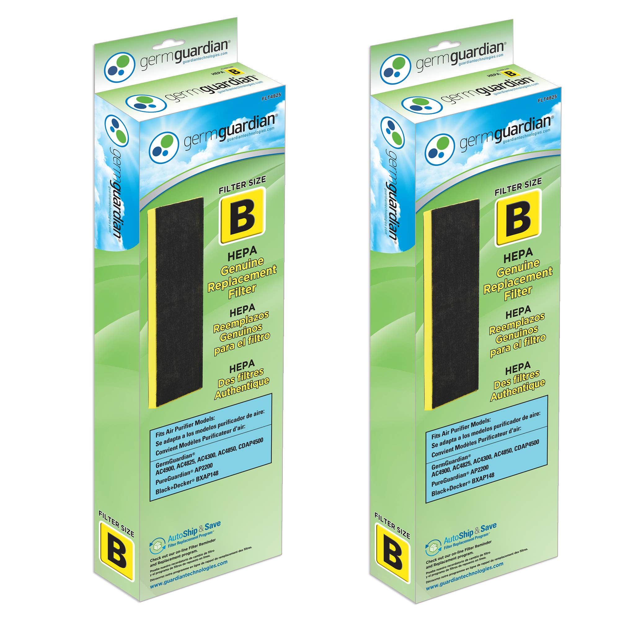 GermGuardian HEPA Pure Genuine Air Purifier Filter B, Removes 99.97% of Pollutants, Wildfire Smoke, Odors, for AC4825, AC4300, AC4900, AC4880, AC4850, CDAP4500, 2-Pack, Black/Yellow, FLT48252PK